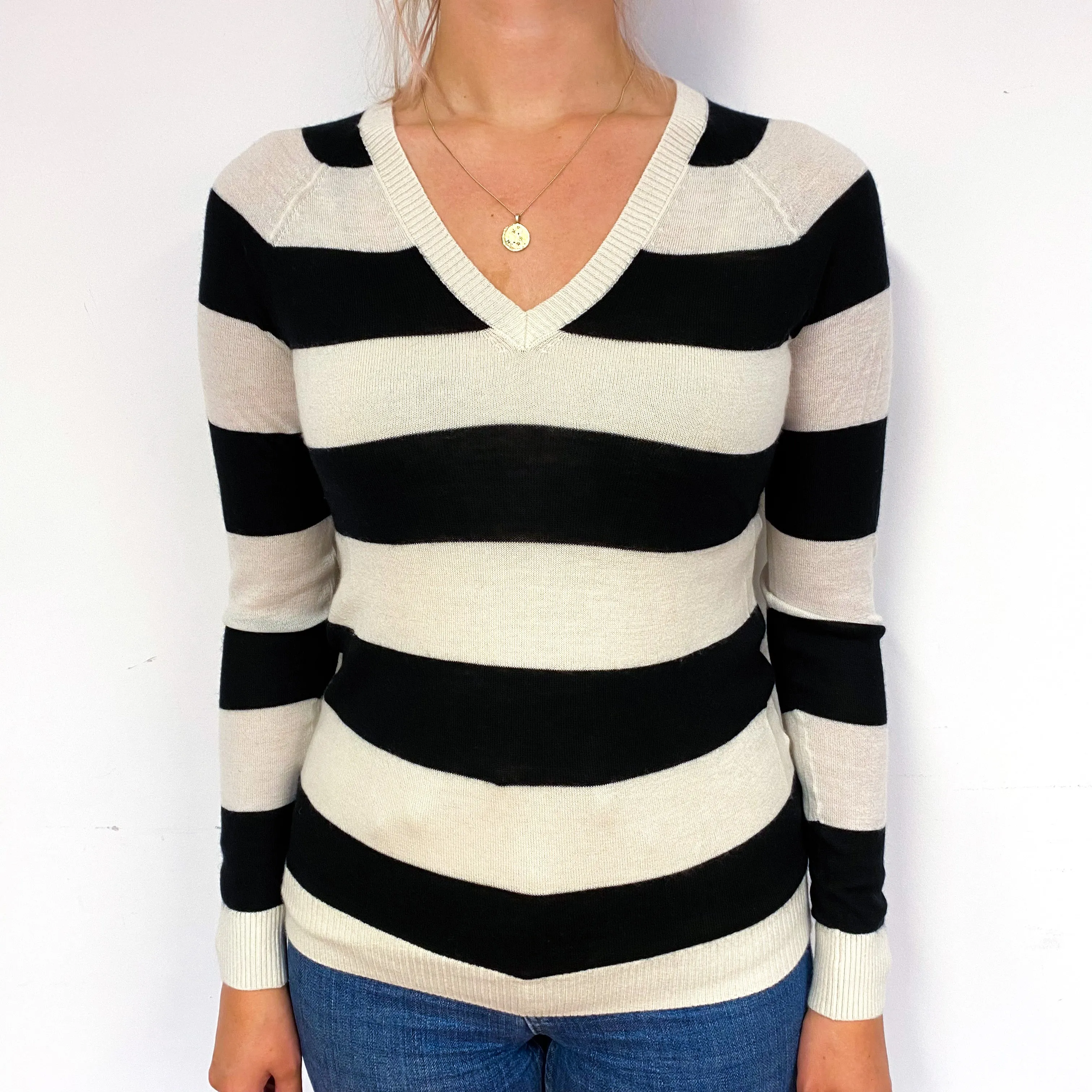 Black Cream Stripe Cashmere V-Neck Jumper Small