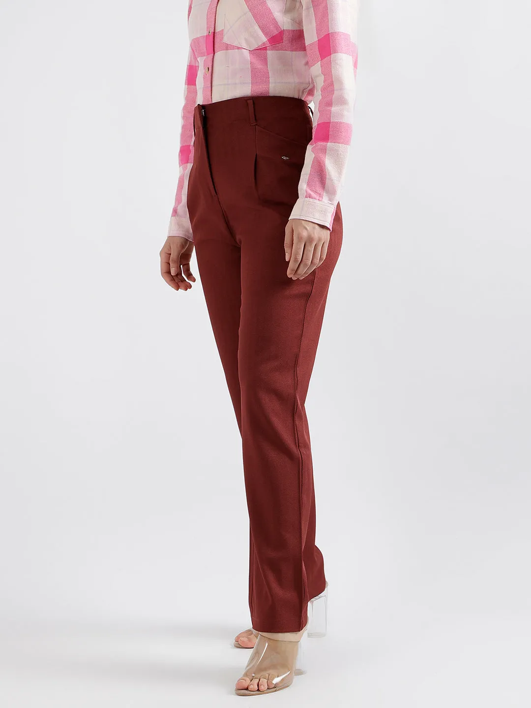 Elle Women Rust Solid Fitted Single Pleated Trouser