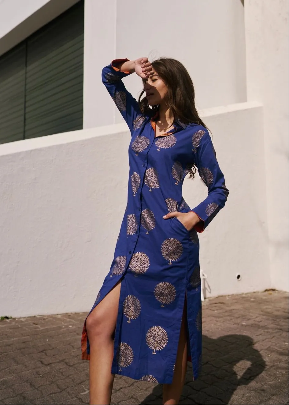 Emma Dress With Tree Print In Navy And Gold