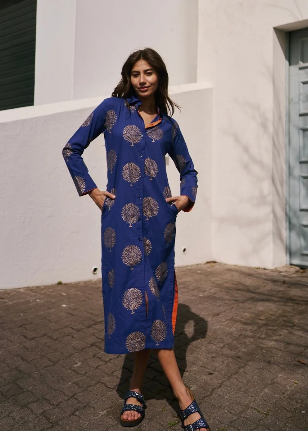 Emma Dress With Tree Print In Navy And Gold