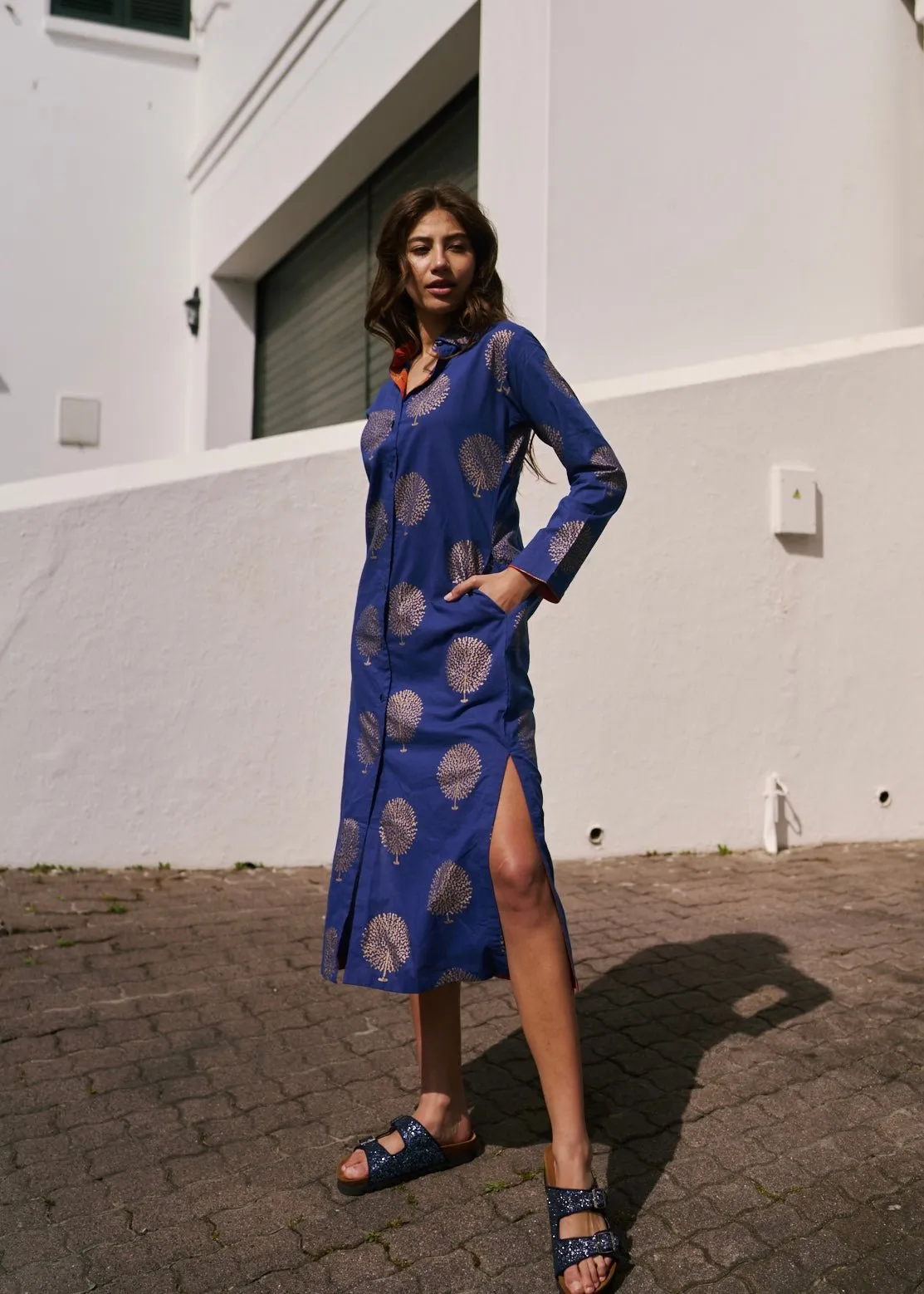 Emma Dress With Tree Print In Navy And Gold
