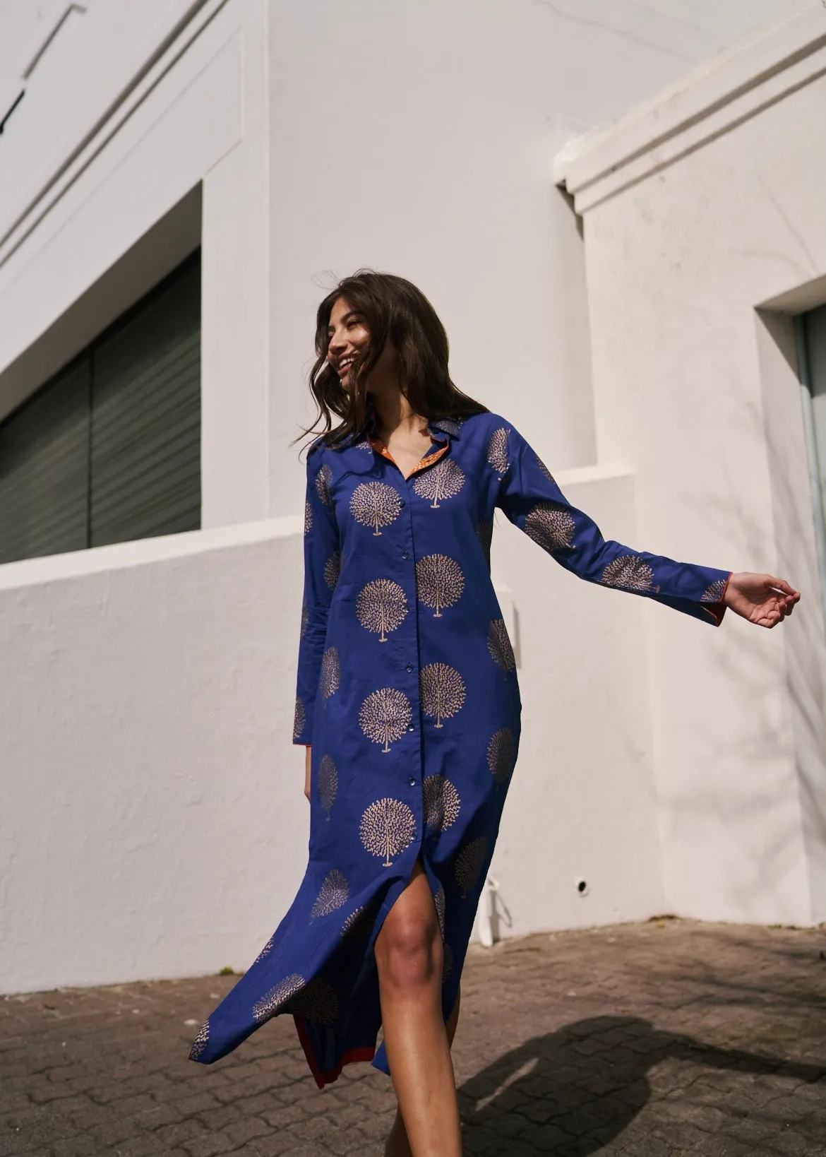 Emma Dress With Tree Print In Navy And Gold