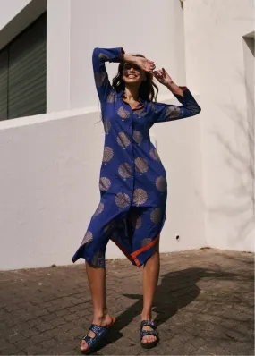 Emma Dress With Tree Print In Navy And Gold