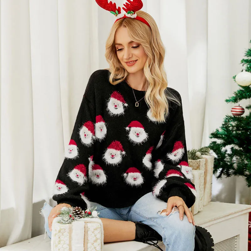 Eyelash Santa Claus Crew Neck Bishop Sleeve Christmas Sweater