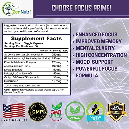 Focus, Memory, Clarity & Mood Support Brain Booster Supplement - Concentration Enhancer - Natural Vegetarian Nootropic Formula - Ginkgo Biloba, Bacopa Monnieri, St. John Wort & More - 60 Count