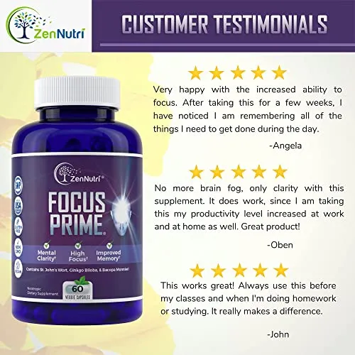 Focus, Memory, Clarity & Mood Support Brain Booster Supplement - Concentration Enhancer - Natural Vegetarian Nootropic Formula - Ginkgo Biloba, Bacopa Monnieri, St. John Wort & More - 60 Count