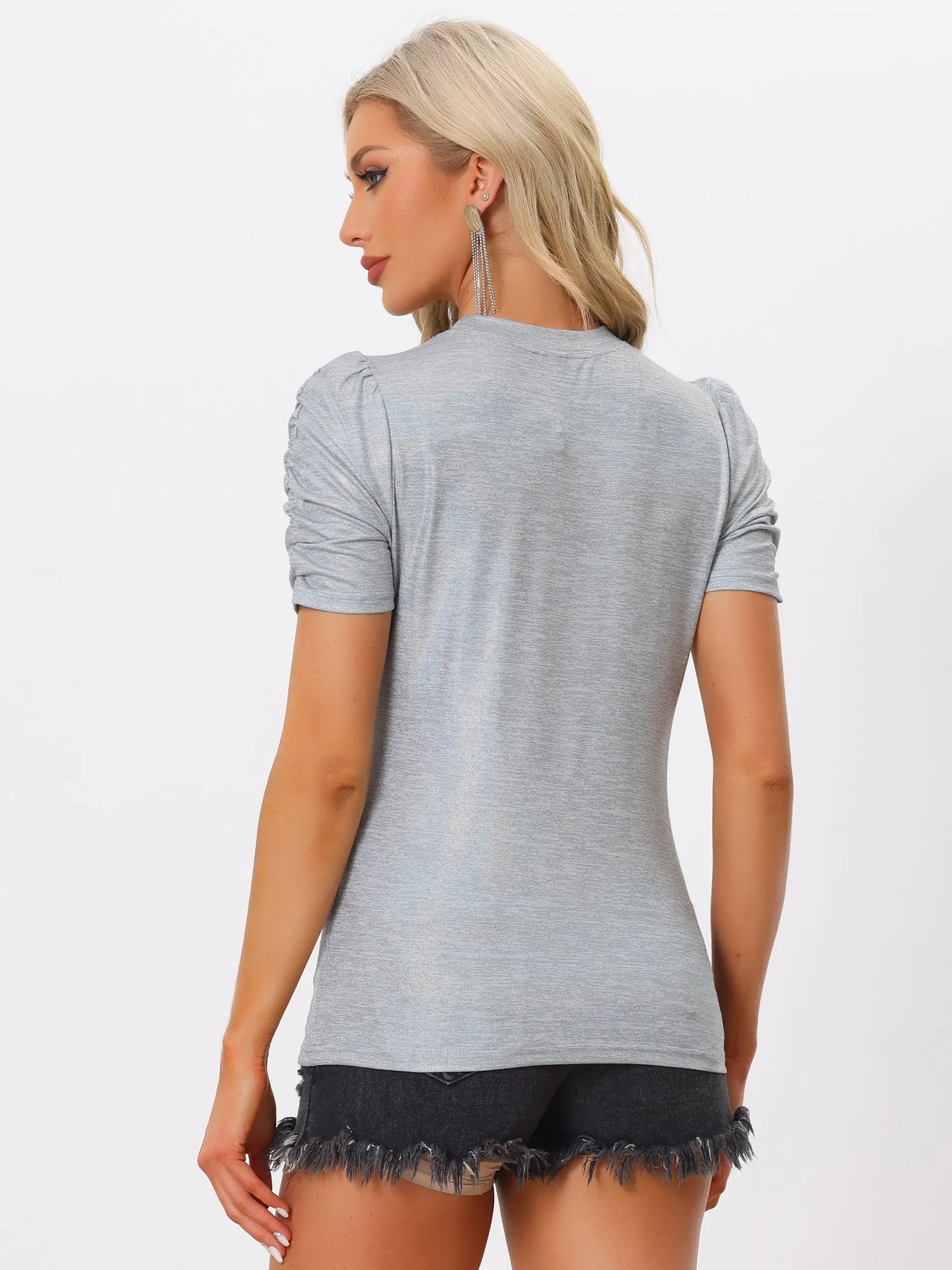 Glitter T-Shirt Round Neck Puff Sleeve Stretch Shiny Party Top