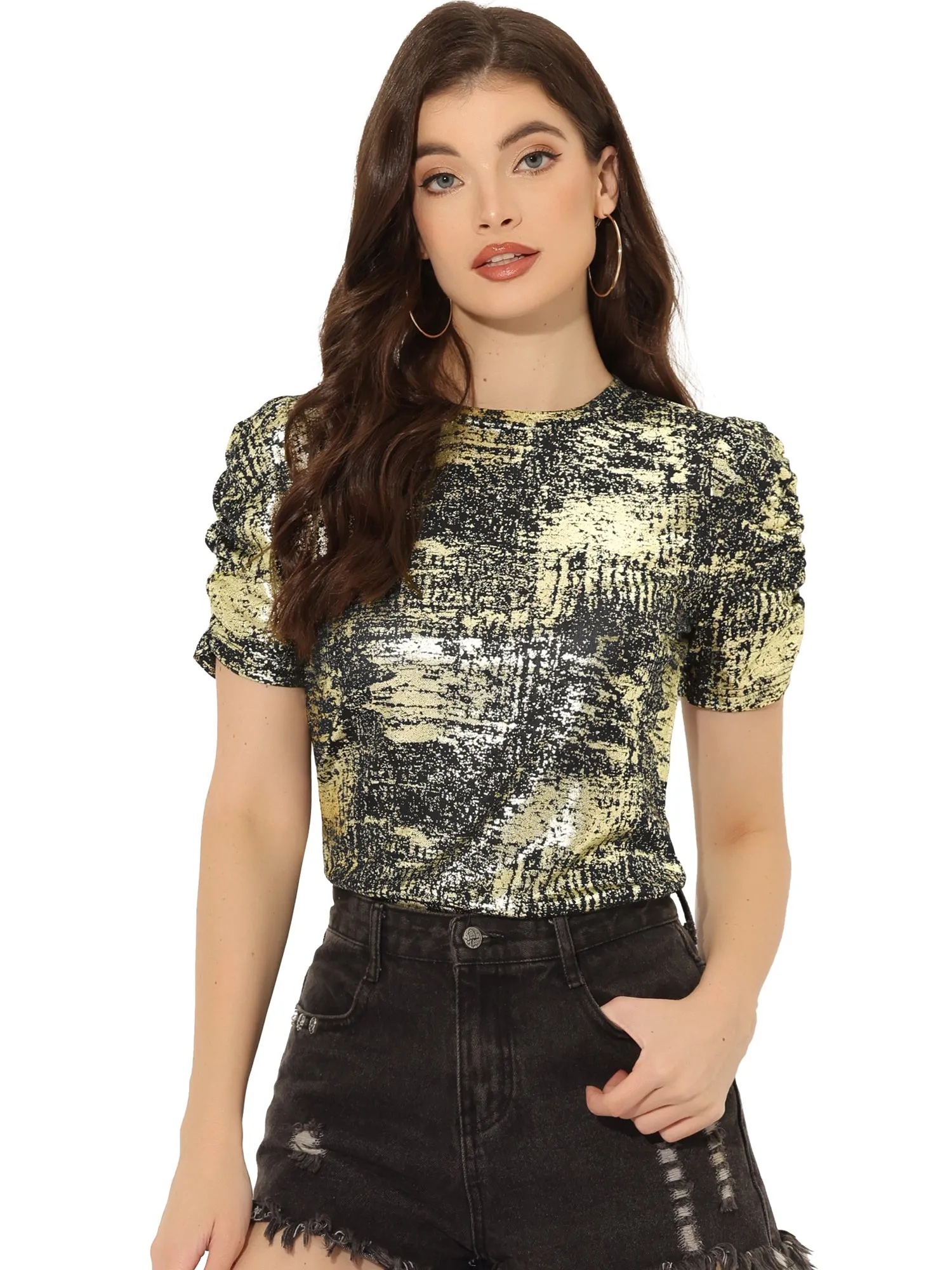 Glitter T-Shirt Round Neck Puff Sleeve Stretch Shiny Party Top
