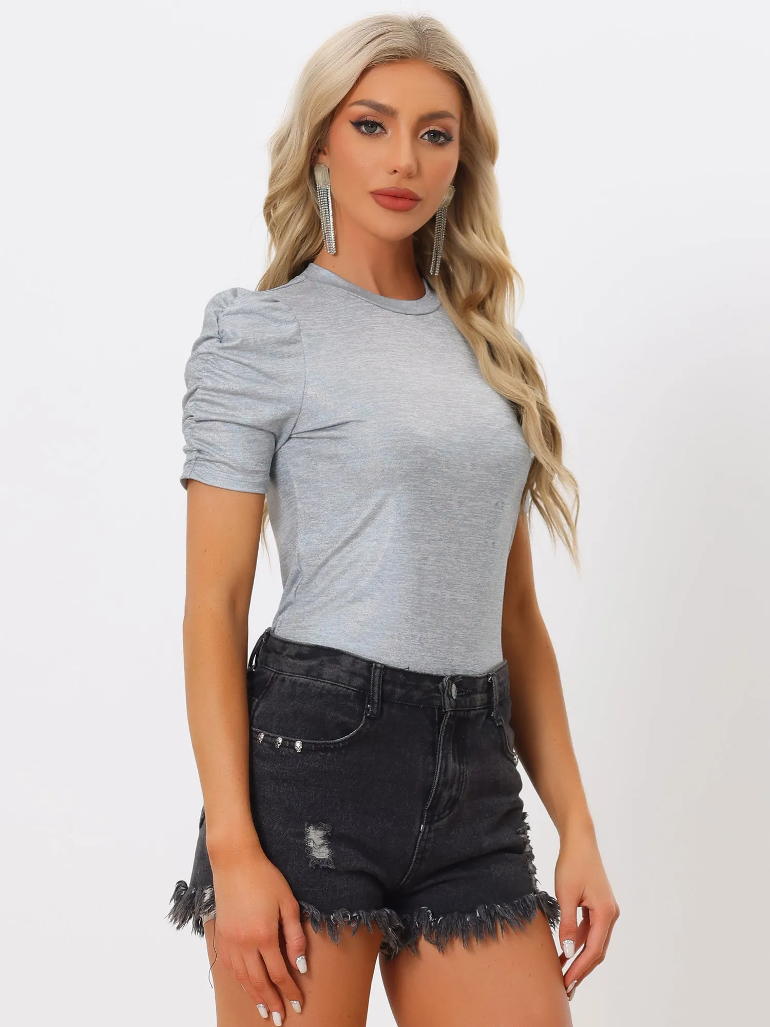 Glitter T-Shirt Round Neck Puff Sleeve Stretch Shiny Party Top