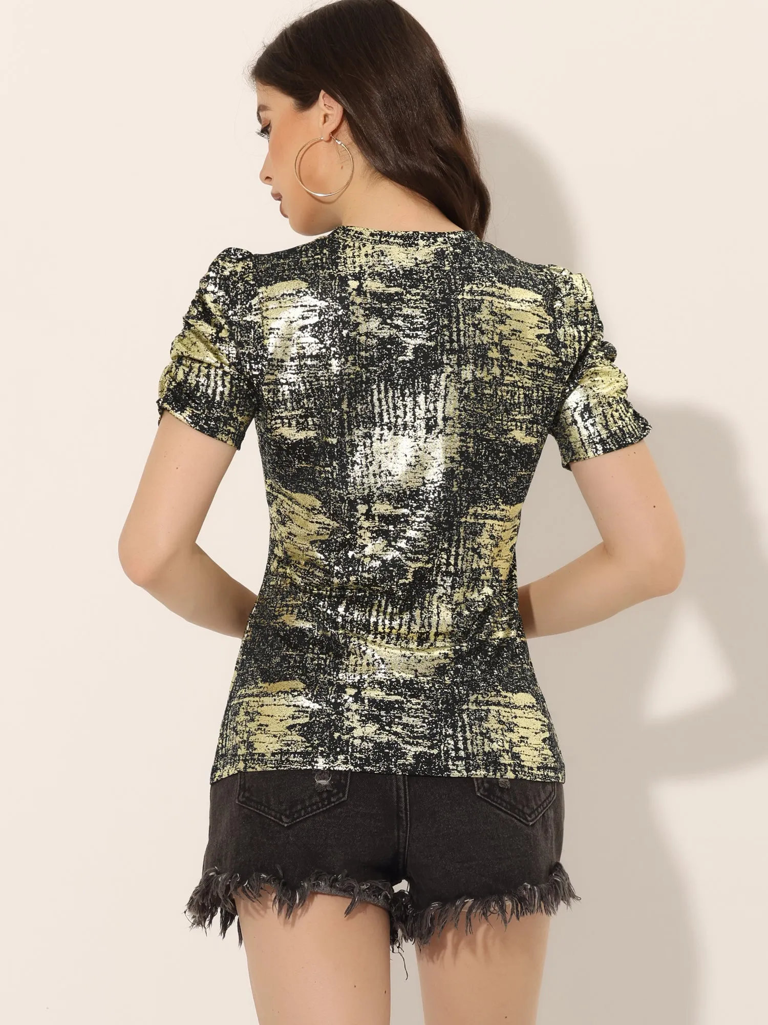 Glitter T-Shirt Round Neck Puff Sleeve Stretch Shiny Party Top