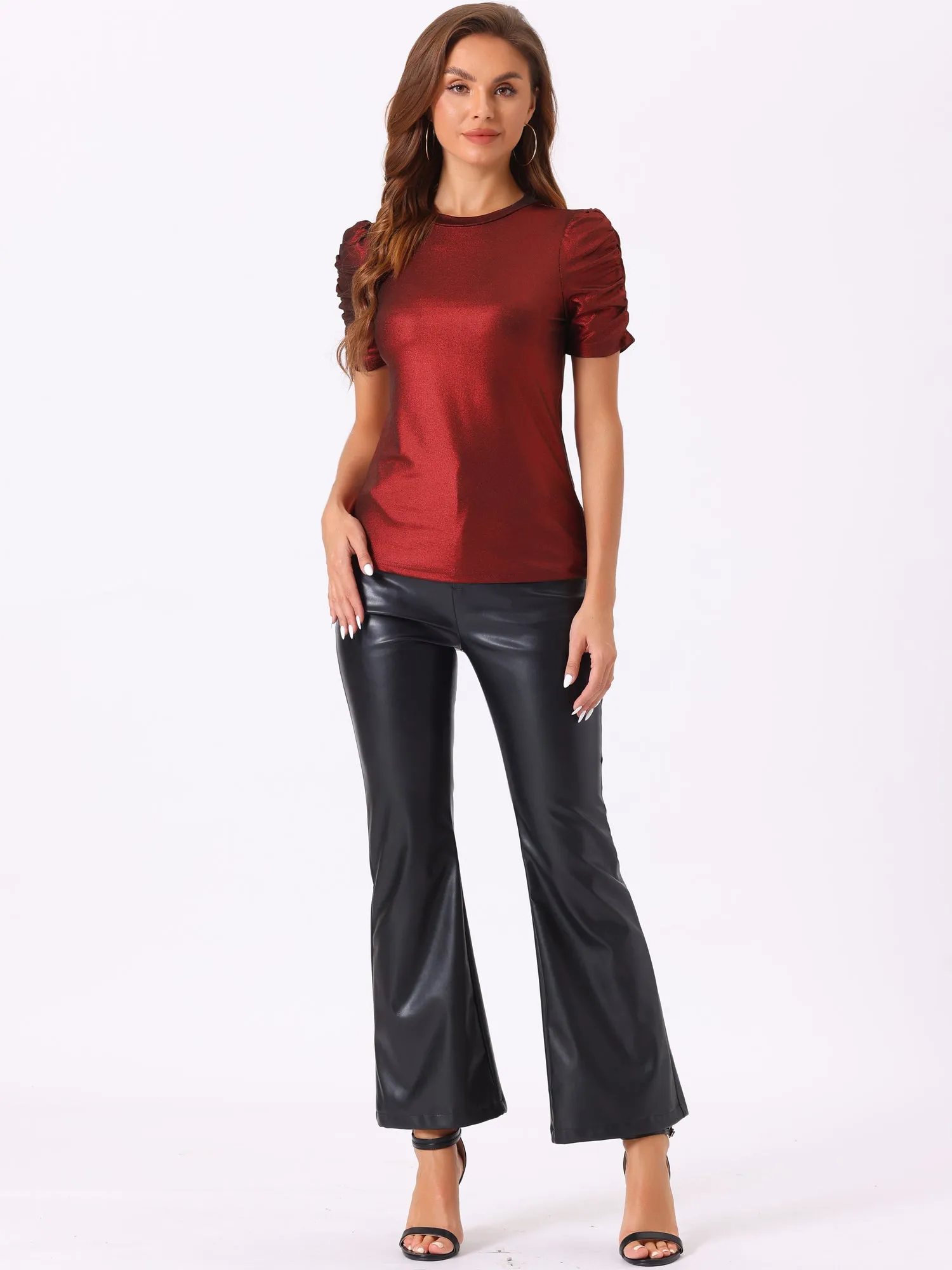 Glitter T-Shirt Round Neck Puff Sleeve Stretch Shiny Party Top
