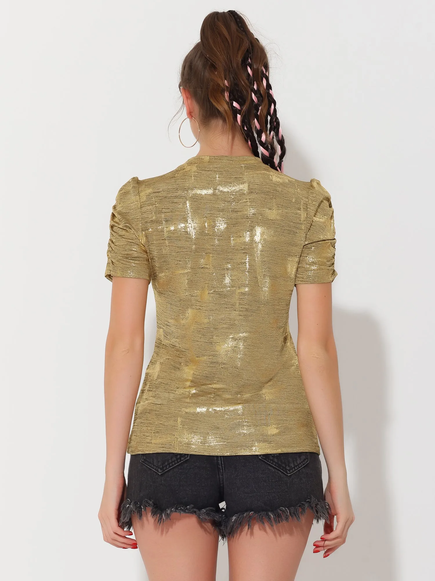 Glitter T-Shirt Round Neck Puff Sleeve Stretch Shiny Party Top