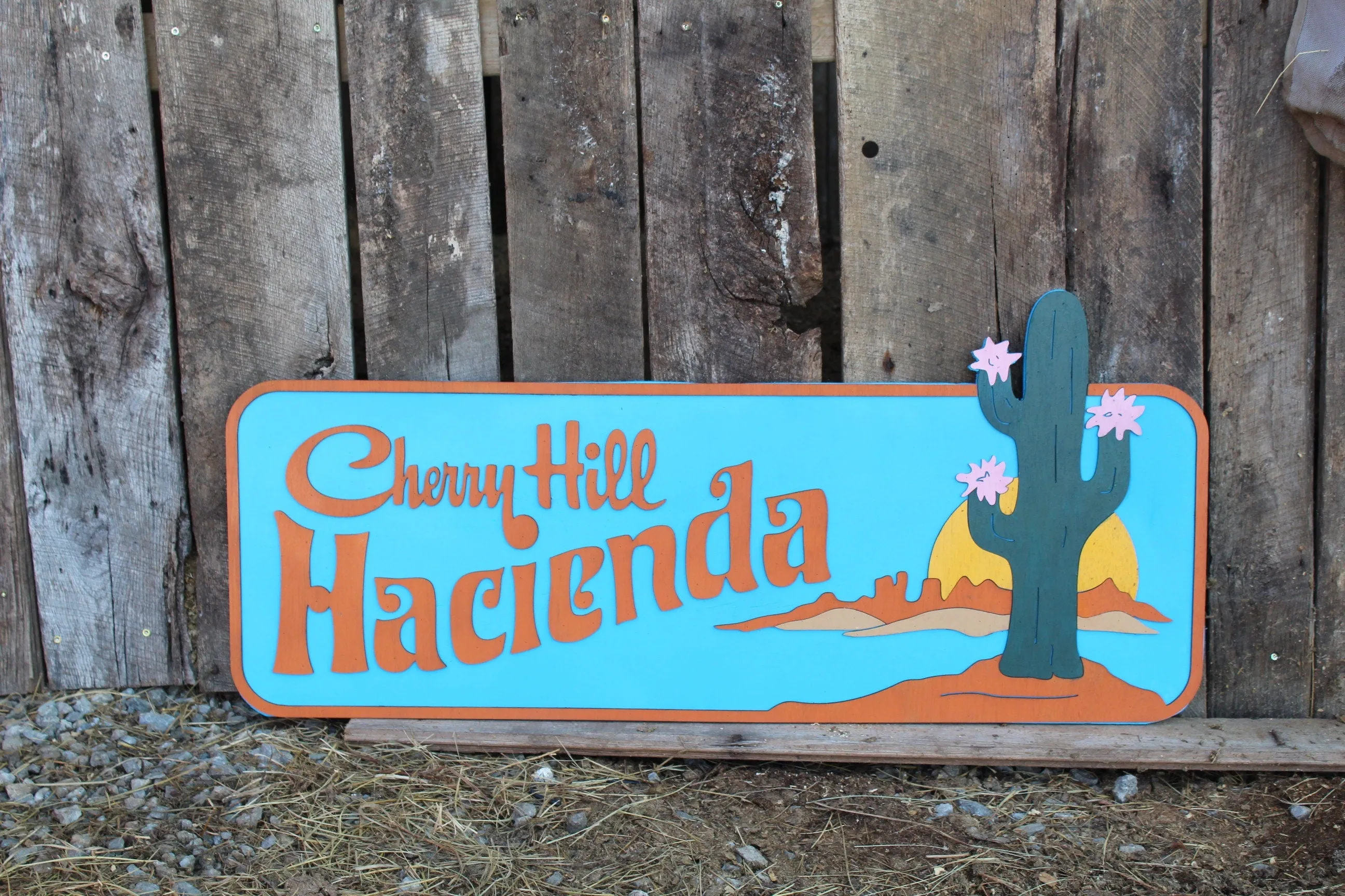 Hacienda Raised Sign 3D Wood Cactus Western Sunset Custom Shape Large Laser Cut Wood Rustic Primitive Home House Address Sign