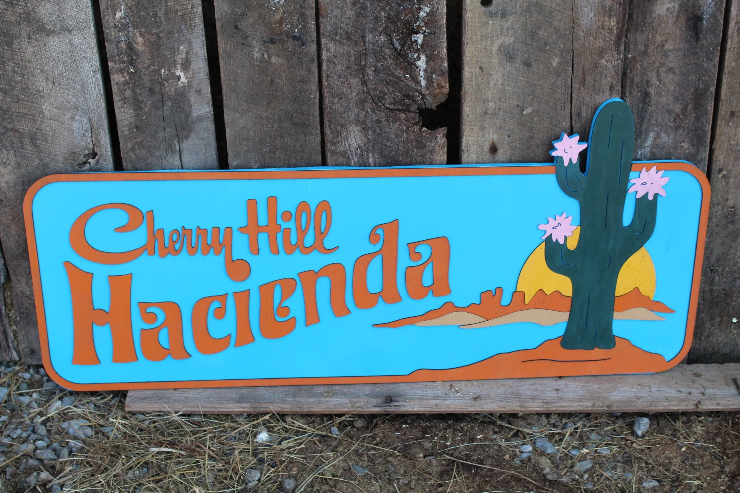 Hacienda Raised Sign 3D Wood Cactus Western Sunset Custom Shape Large Laser Cut Wood Rustic Primitive Home House Address Sign