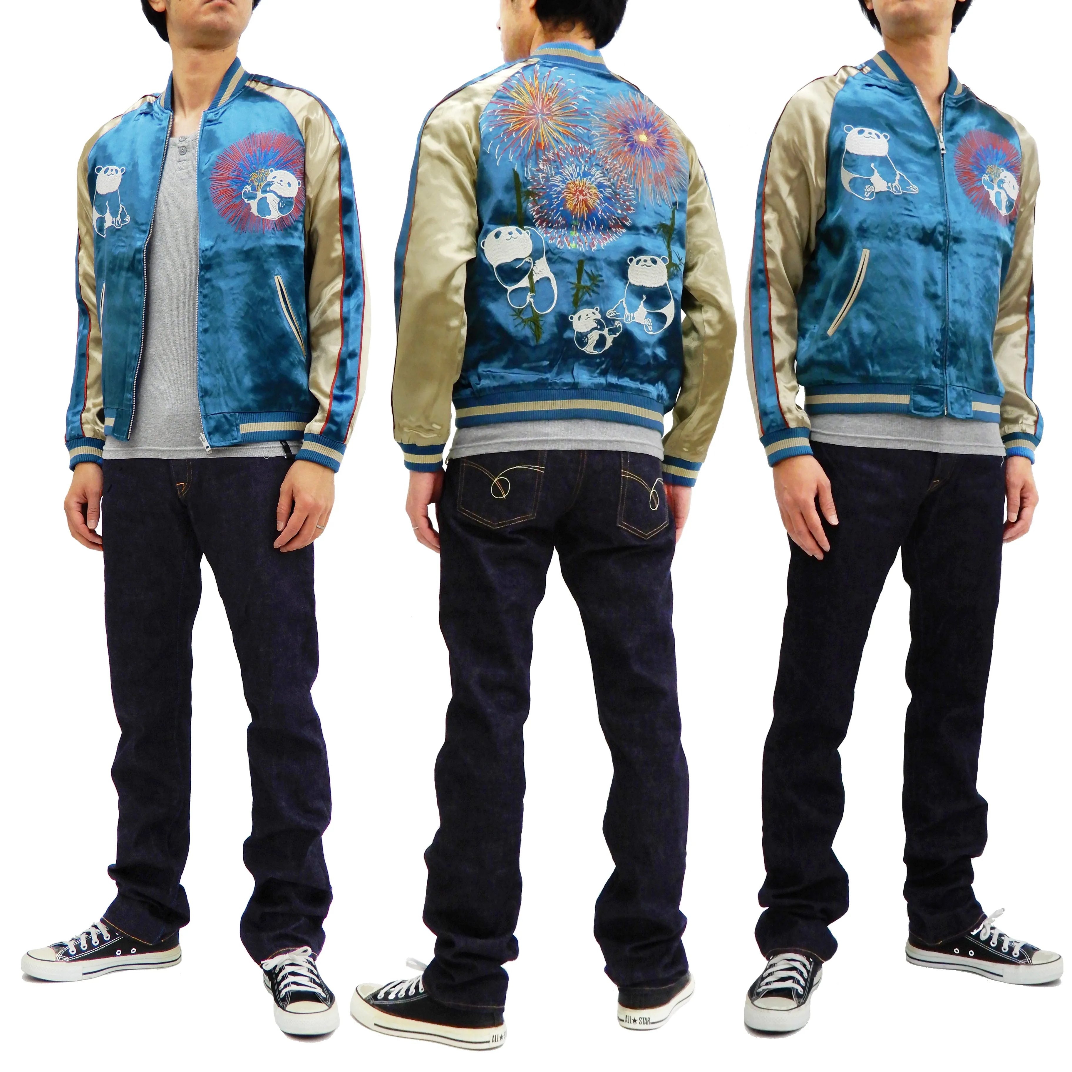 Japanesque Men's Japanese Souvenir Jacket Panda and Fireworks Sukajan 3RSJ-039 Blue/Beige