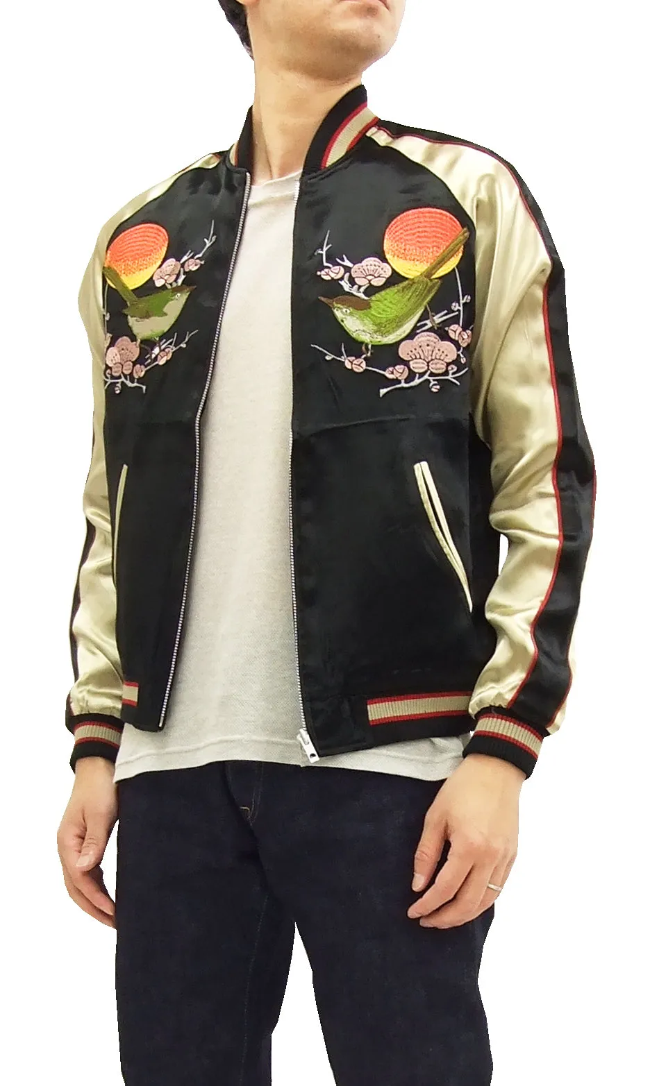 Japanesque Script Japanese Souvenir Jacket 3RSJ-030 Ume and Bird Men's Sukajan Black/Gold