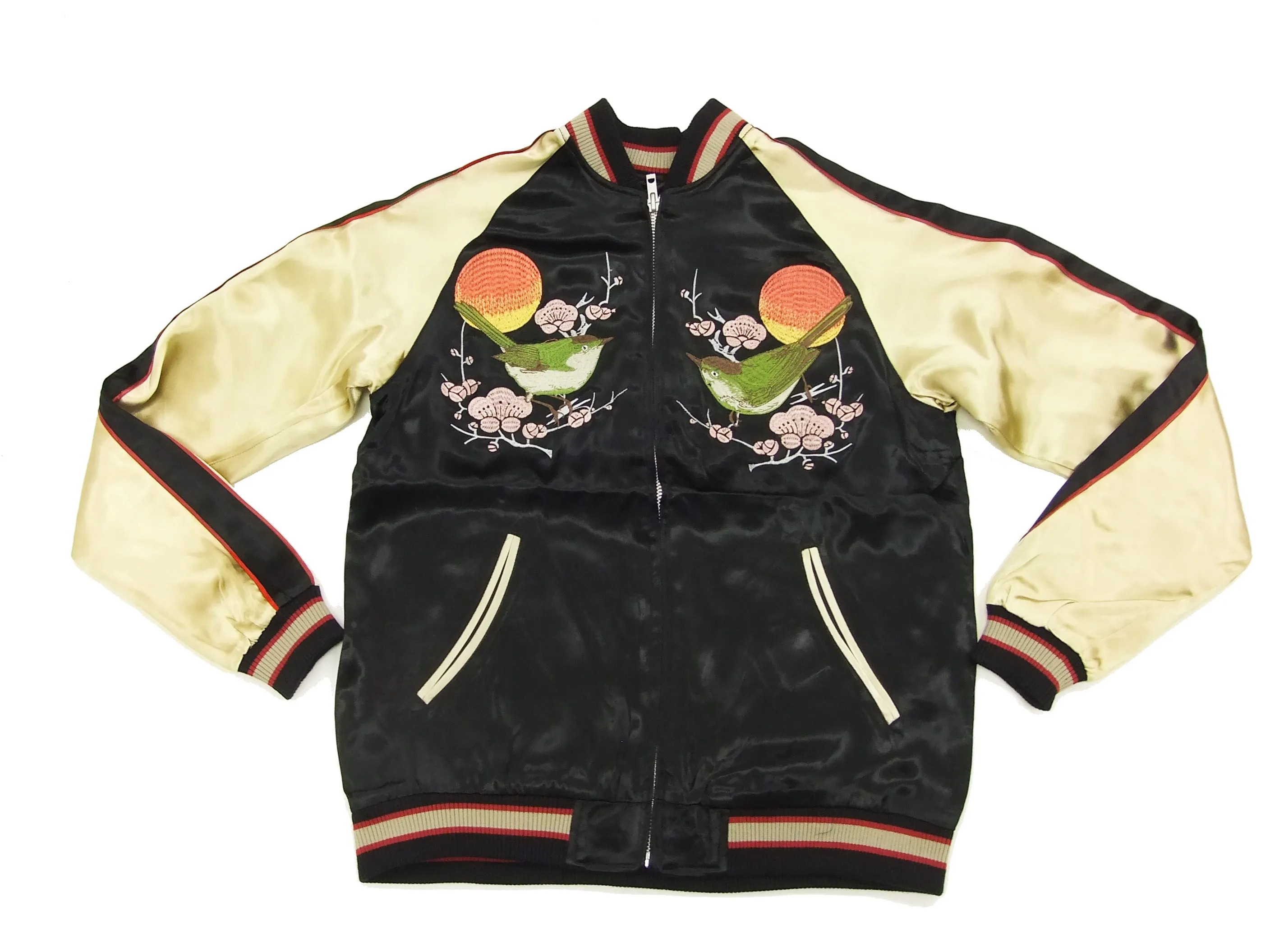 Japanesque Script Japanese Souvenir Jacket 3RSJ-030 Ume and Bird Men's Sukajan Black/Gold