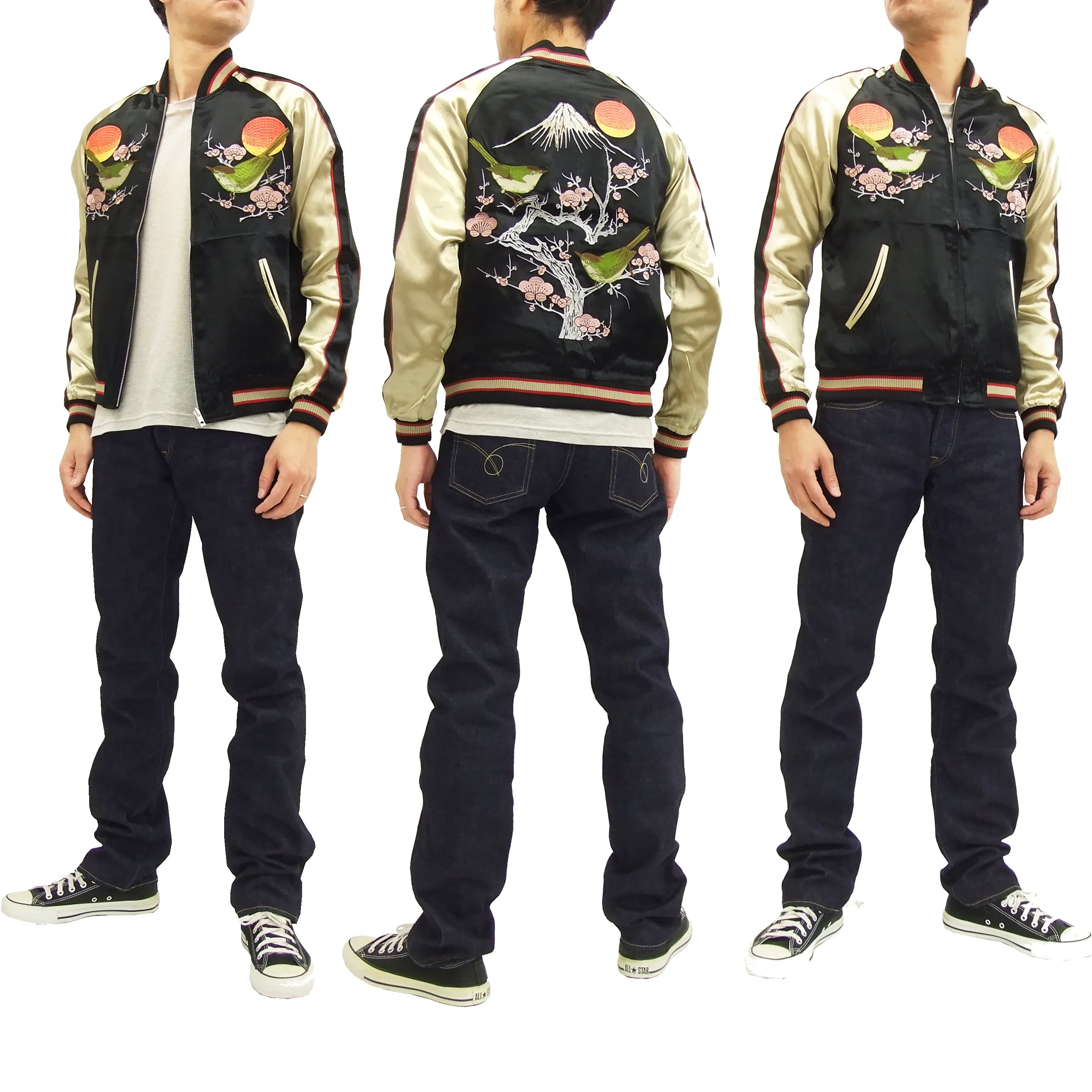 Japanesque Script Japanese Souvenir Jacket 3RSJ-030 Ume and Bird Men's Sukajan Black/Gold