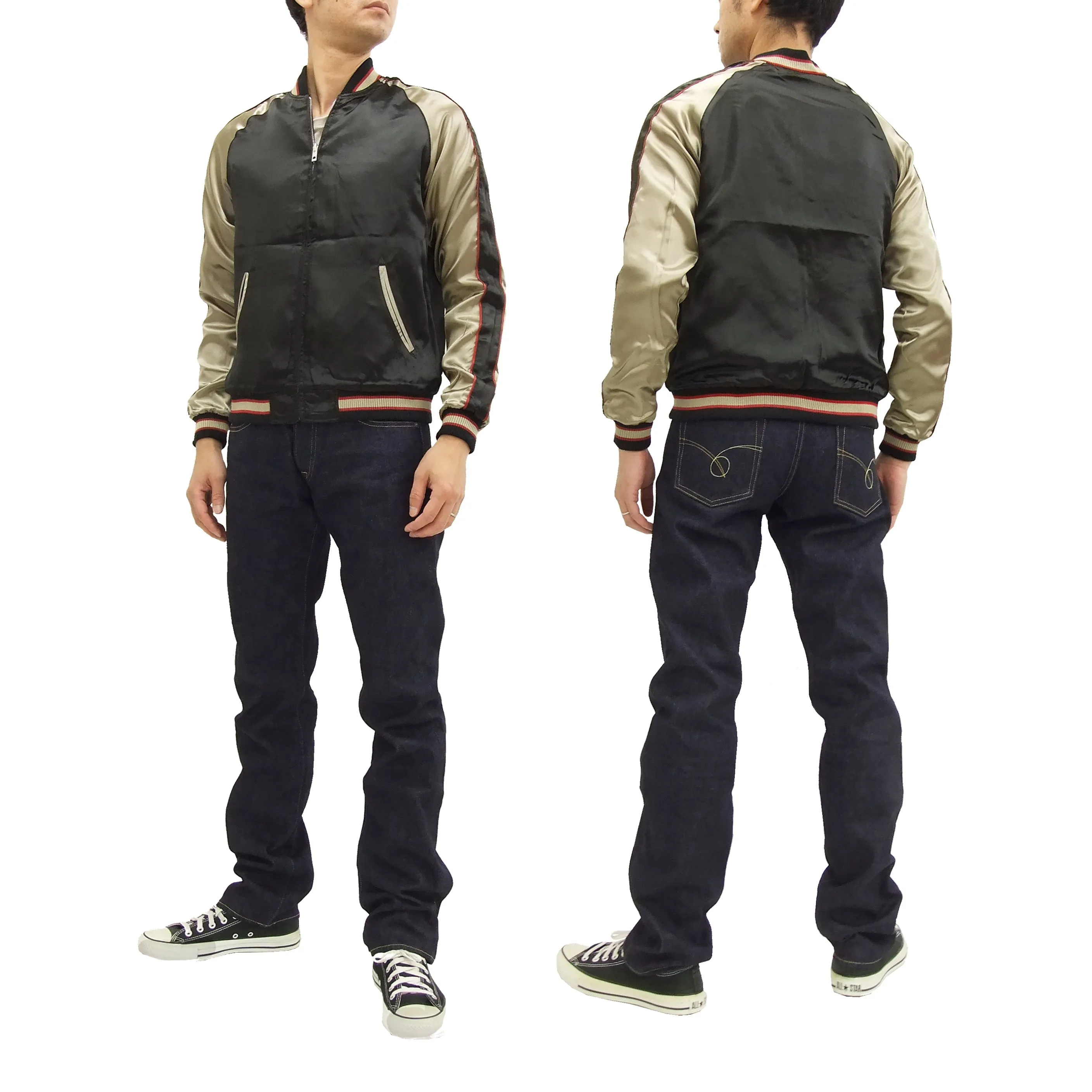 Japanesque Script Japanese Souvenir Jacket 3RSJ-030 Ume and Bird Men's Sukajan Black/Gold