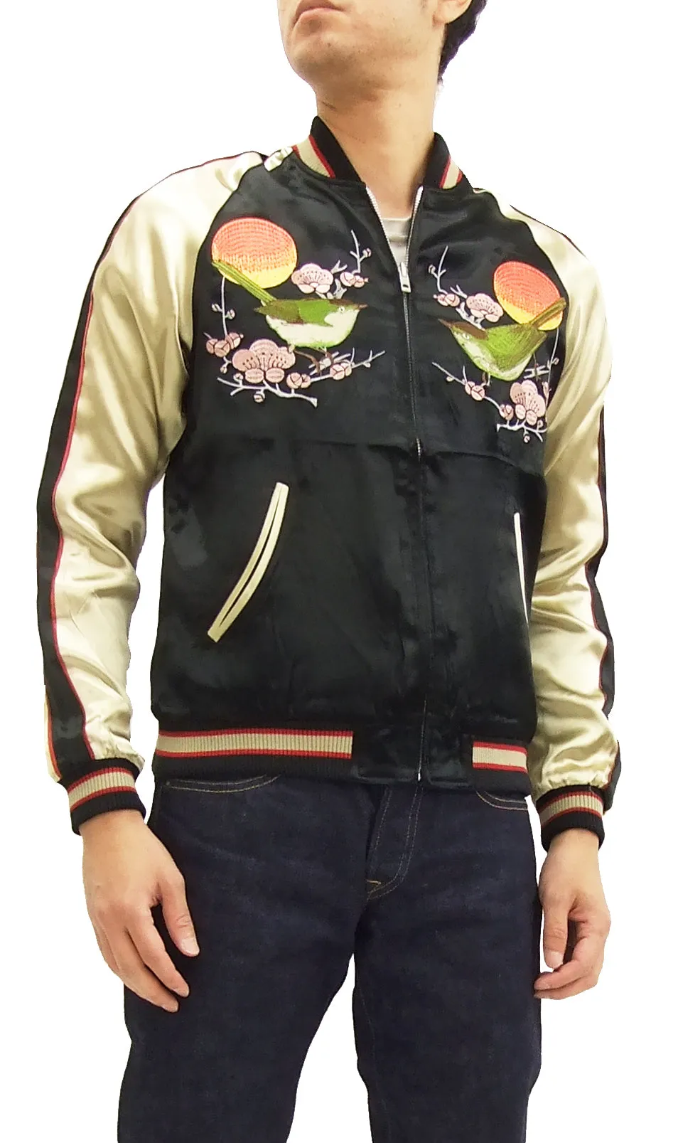 Japanesque Script Japanese Souvenir Jacket 3RSJ-030 Ume and Bird Men's Sukajan Black/Gold
