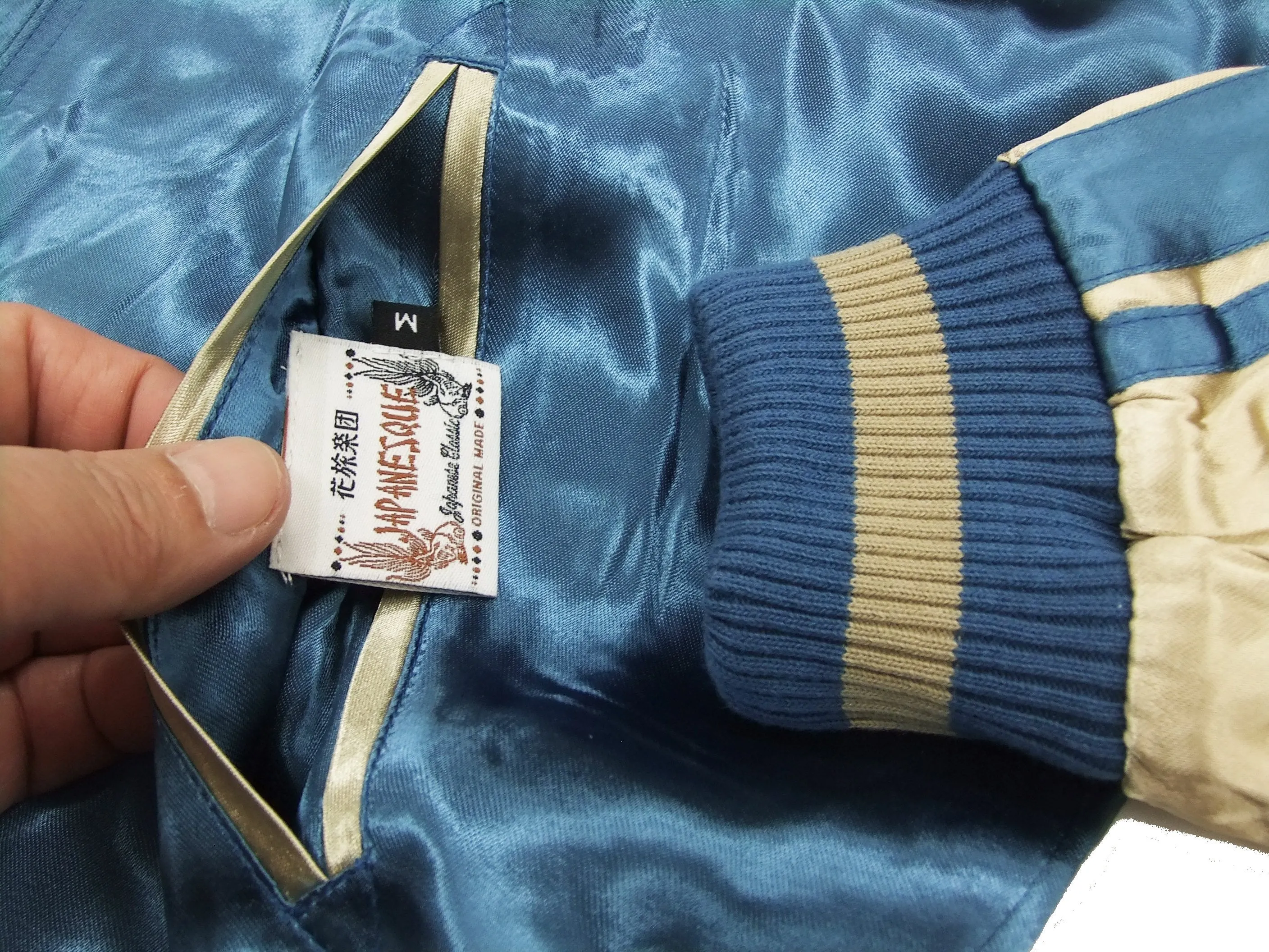 Japanesque Script Japanese Souvenir Jacket 3RSJ-036 Penguin Men's Sukajan Blue/Gold