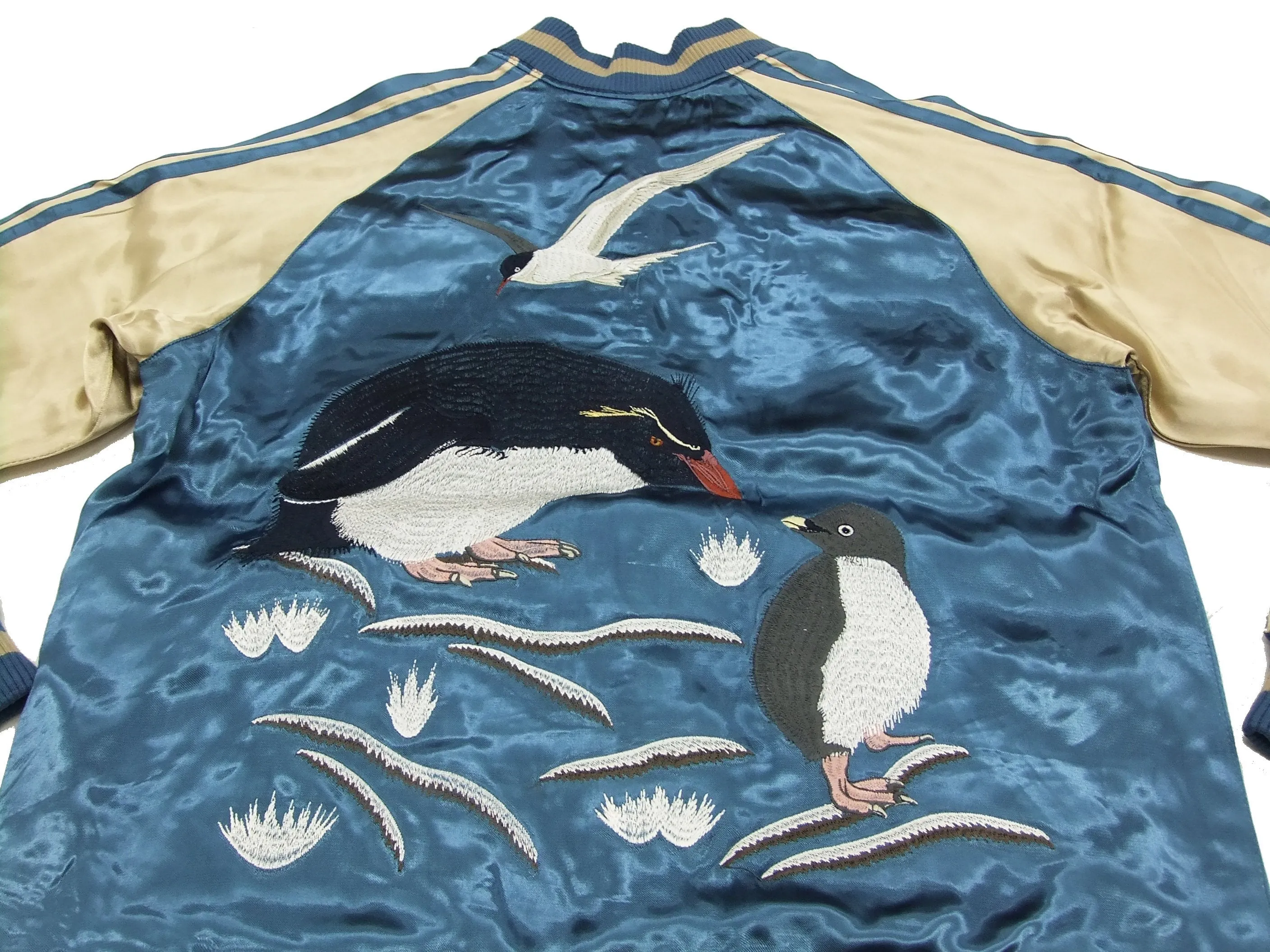 Japanesque Script Japanese Souvenir Jacket 3RSJ-036 Penguin Men's Sukajan Blue/Gold