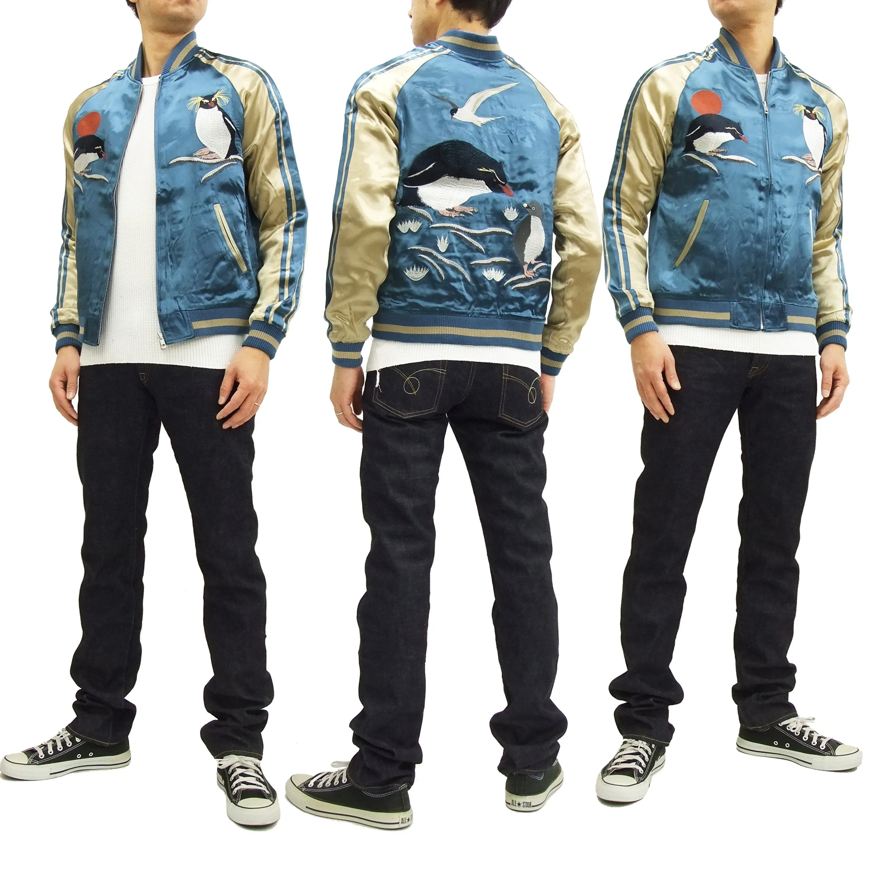 Japanesque Script Japanese Souvenir Jacket 3RSJ-036 Penguin Men's Sukajan Blue/Gold