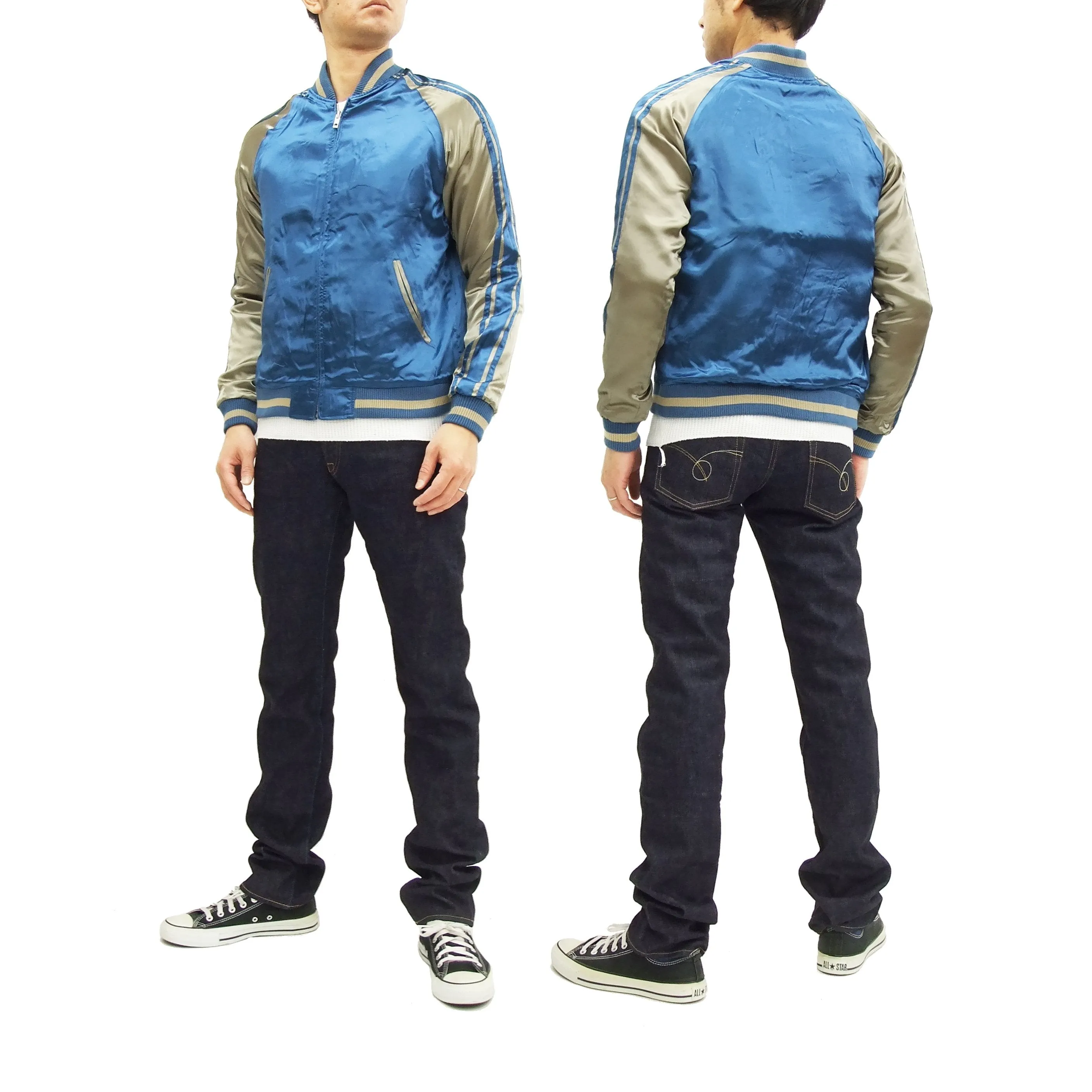 Japanesque Script Japanese Souvenir Jacket 3RSJ-036 Penguin Men's Sukajan Blue/Gold