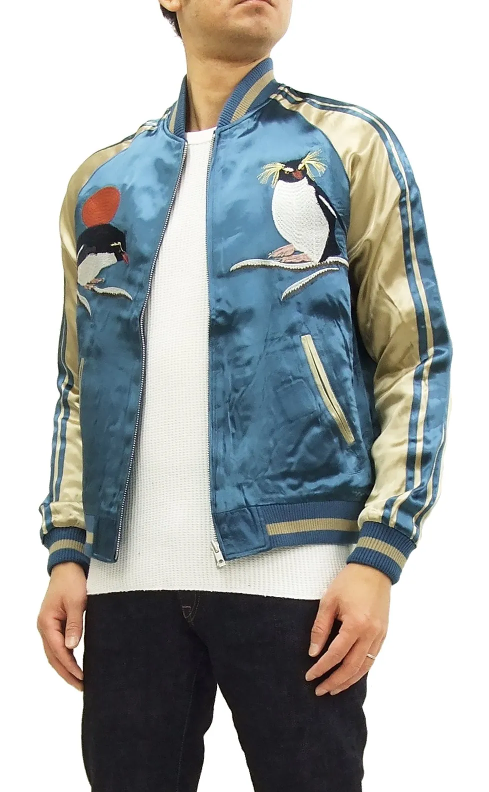 Japanesque Script Japanese Souvenir Jacket 3RSJ-036 Penguin Men's Sukajan Blue/Gold