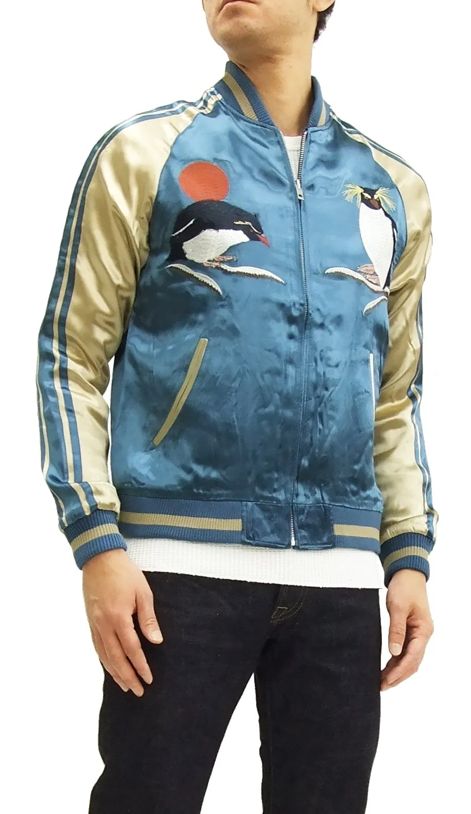 Japanesque Script Japanese Souvenir Jacket 3RSJ-036 Penguin Men's Sukajan Blue/Gold