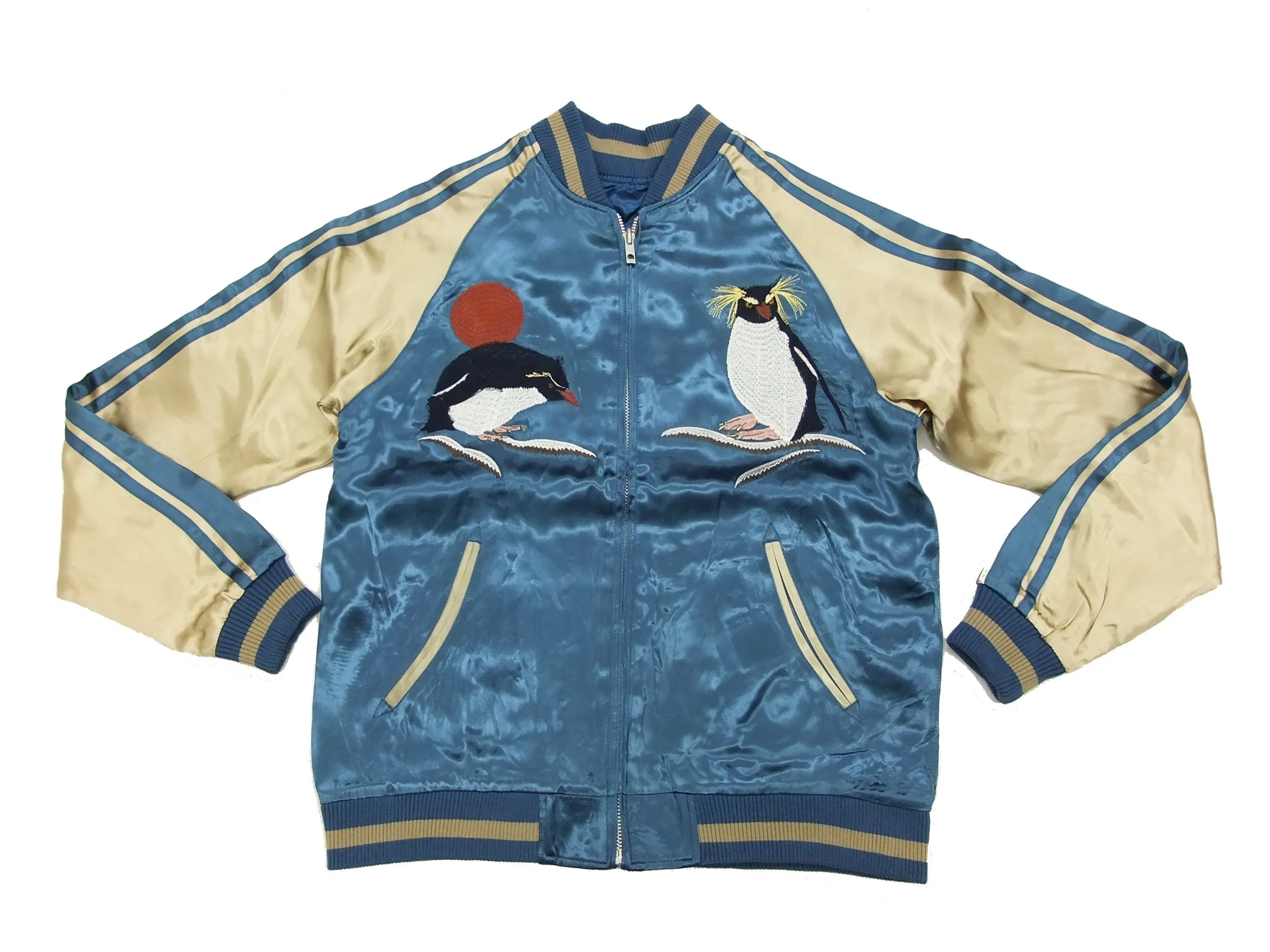 Japanesque Script Japanese Souvenir Jacket 3RSJ-036 Penguin Men's Sukajan Blue/Gold
