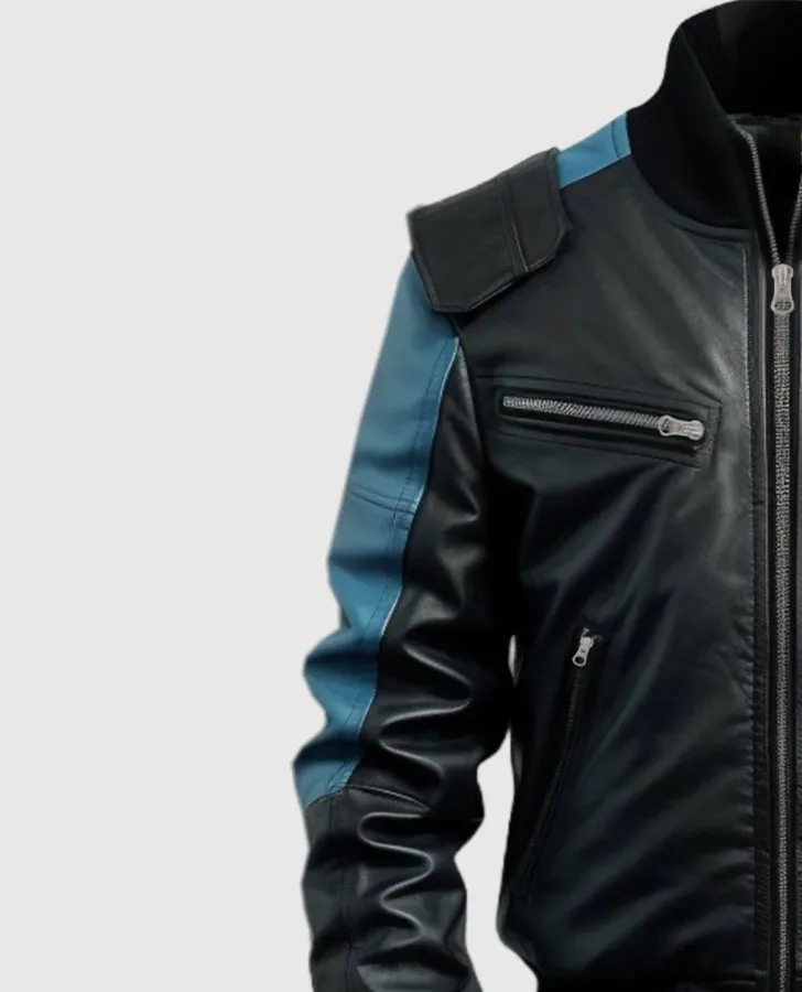 Men's Blue Black Bomber Leather Jacket