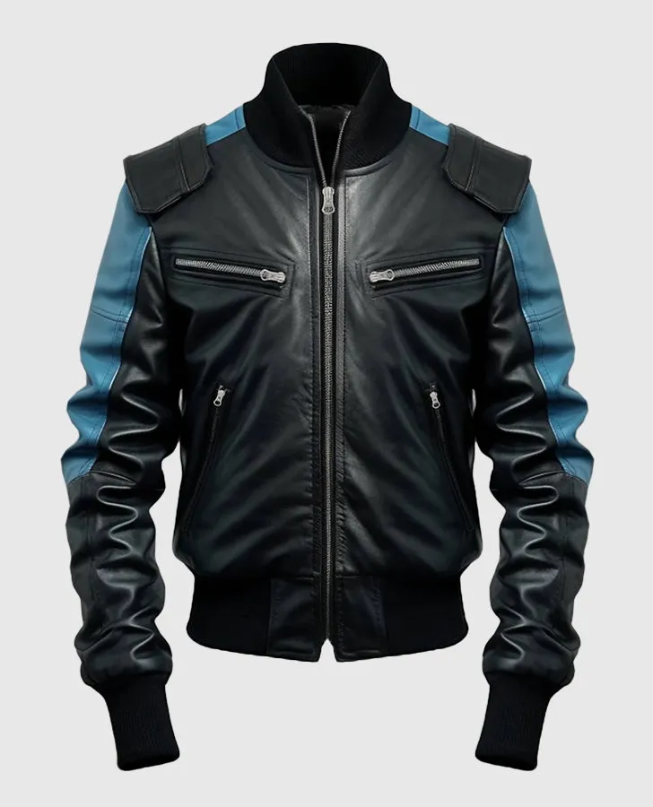 Men's Blue Black Bomber Leather Jacket