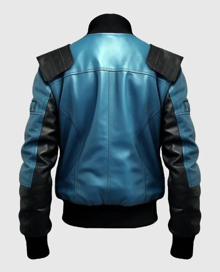 Men's Blue Black Bomber Leather Jacket