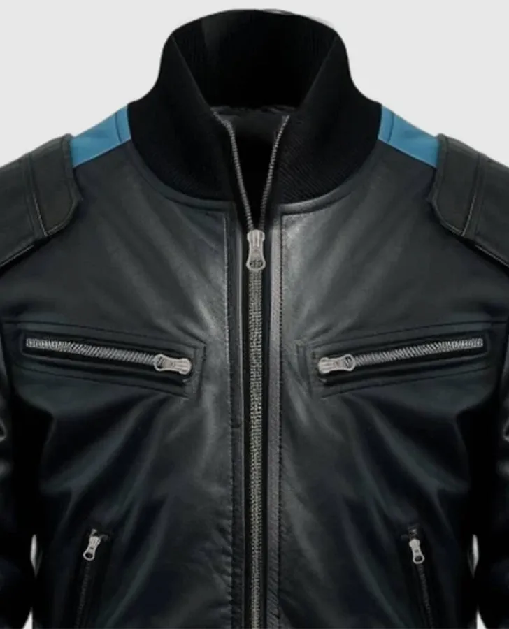 Men's Blue Black Bomber Leather Jacket