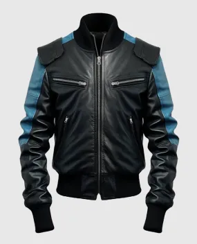 Men's Blue Black Bomber Leather Jacket