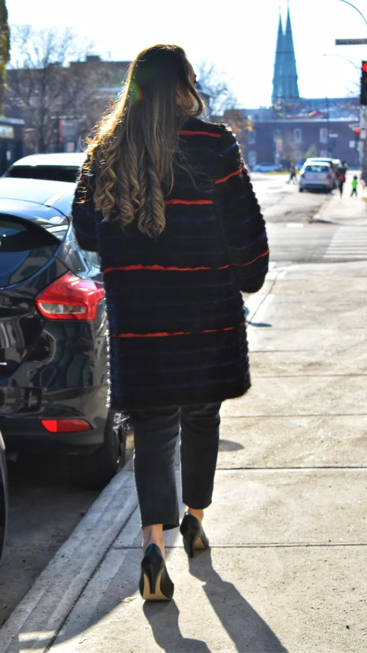 Mink coat with horizontal sheared beaver inserts