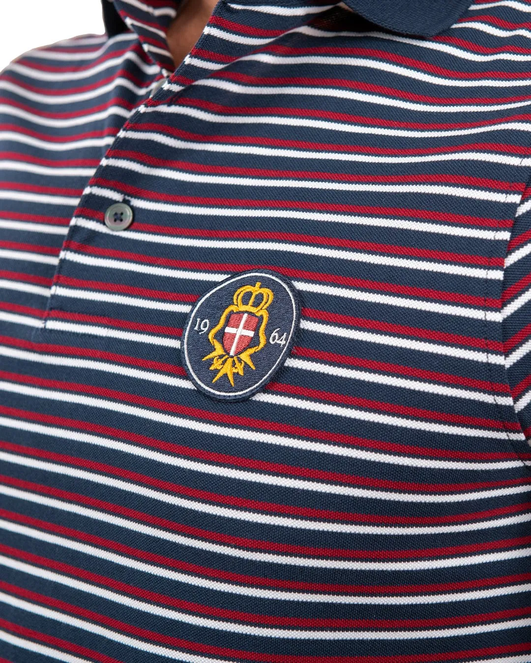 Navy Striped Pique Polo Shirt With Badge