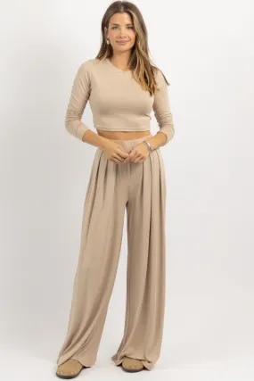 OATMEAL LONG SLEEVE BUTTER SOFT PALAZZO PANT SET