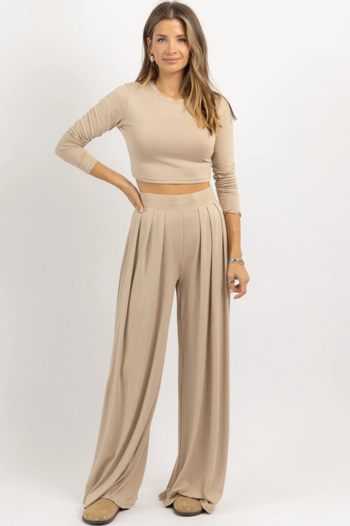 OATMEAL LONG SLEEVE BUTTER SOFT PALAZZO PANT SET