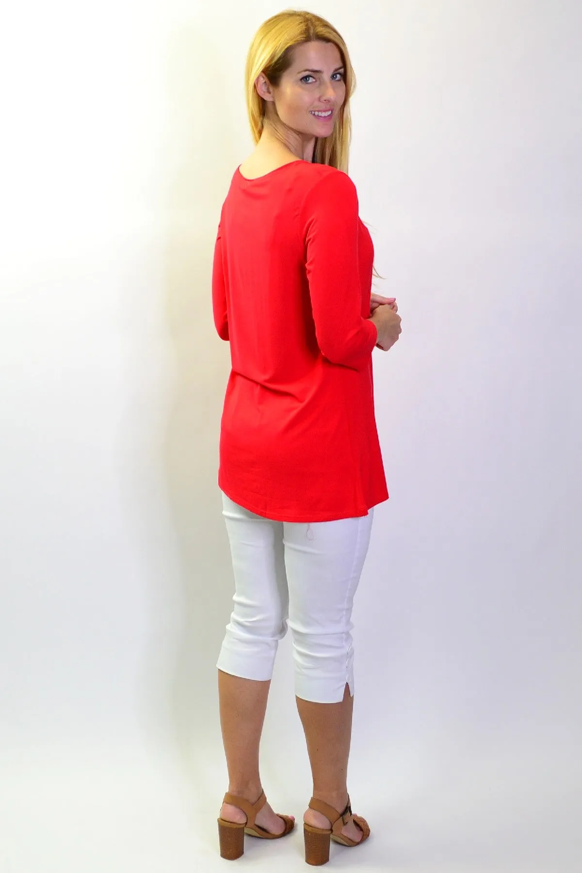Red Basic Bamboo 3/4 Sleeve Jersey Tunic Top