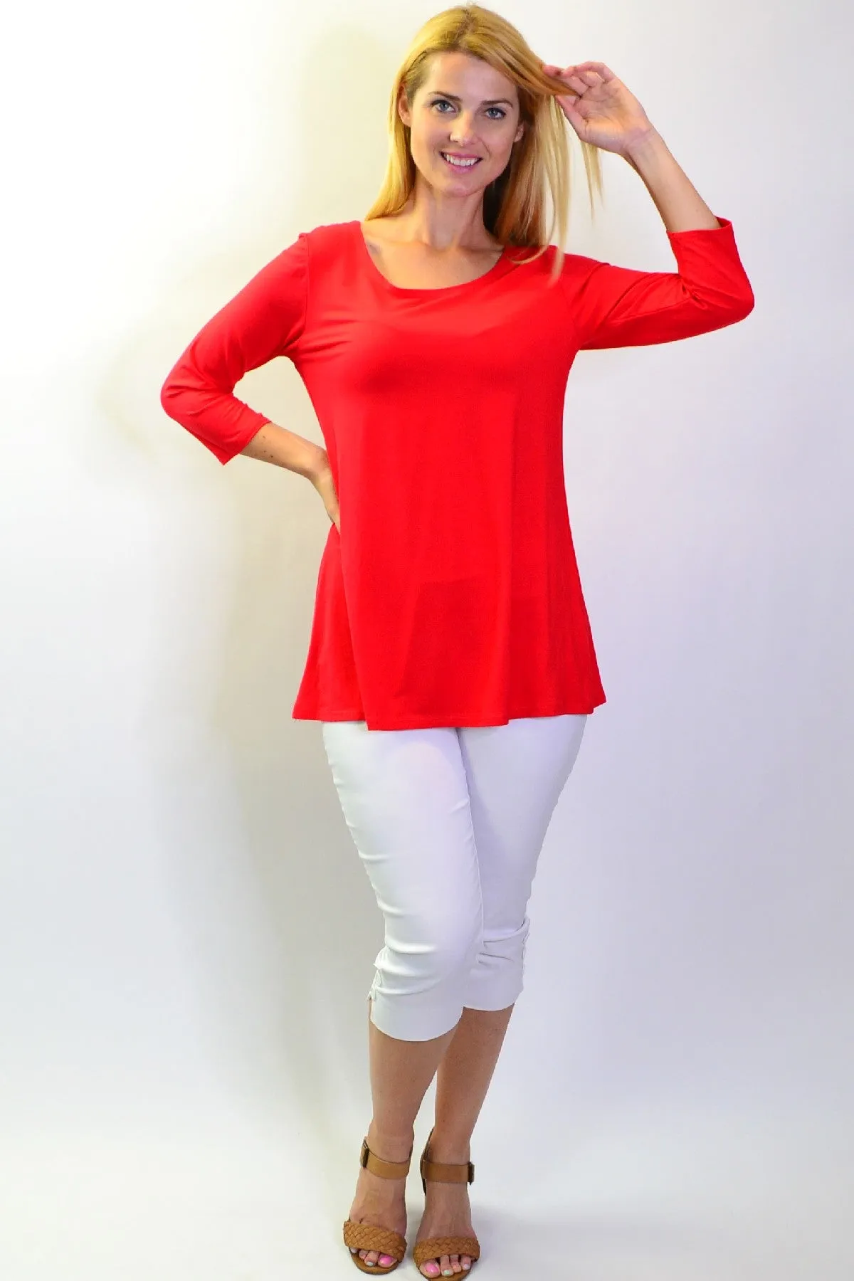 Red Basic Bamboo 3/4 Sleeve Jersey Tunic Top