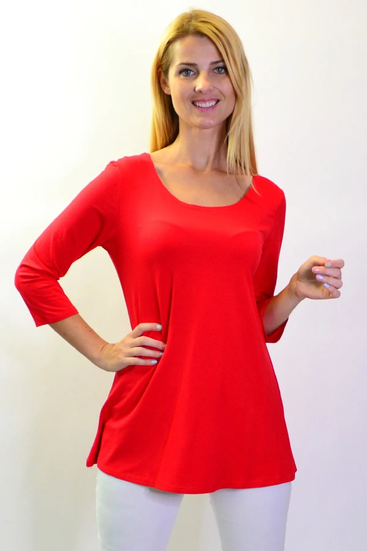 Red Basic Bamboo 3/4 Sleeve Jersey Tunic Top