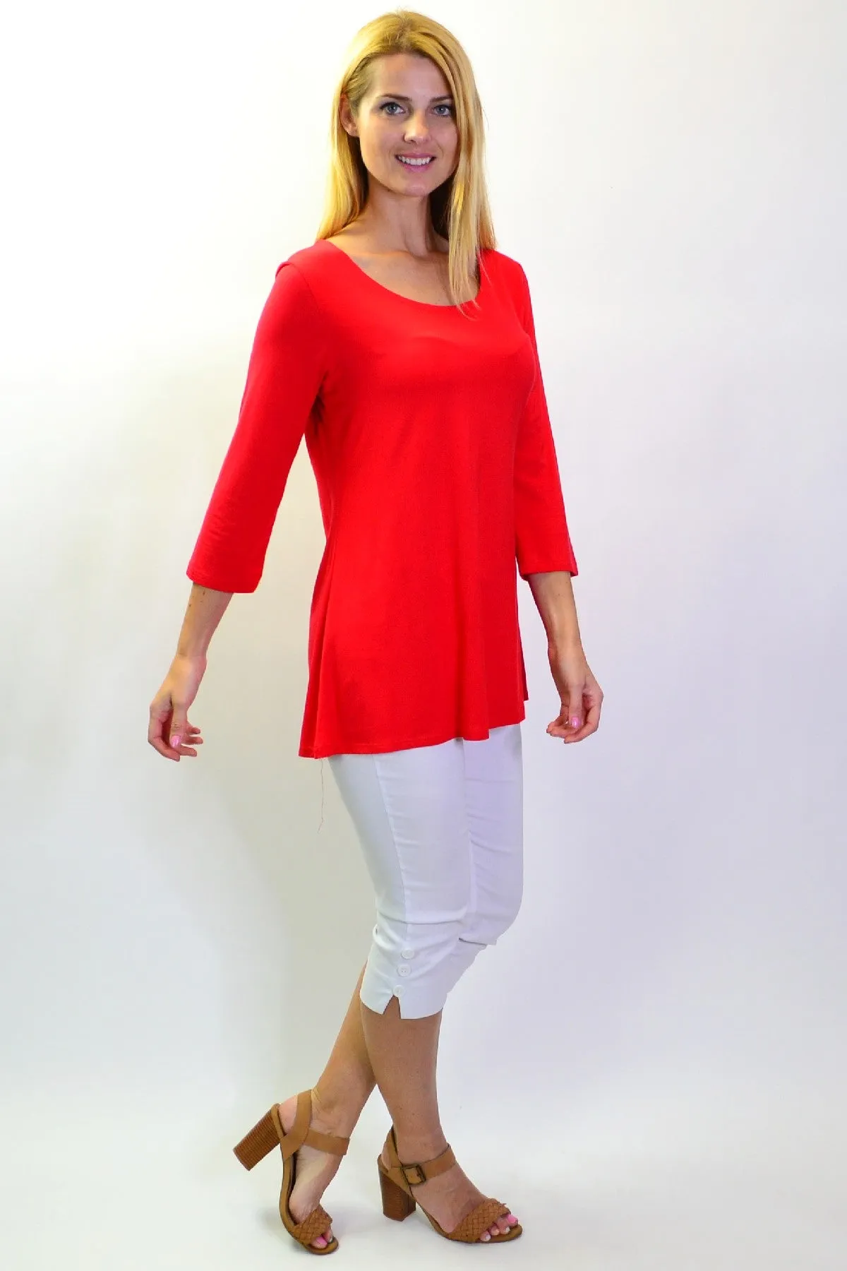Red Basic Bamboo 3/4 Sleeve Jersey Tunic Top