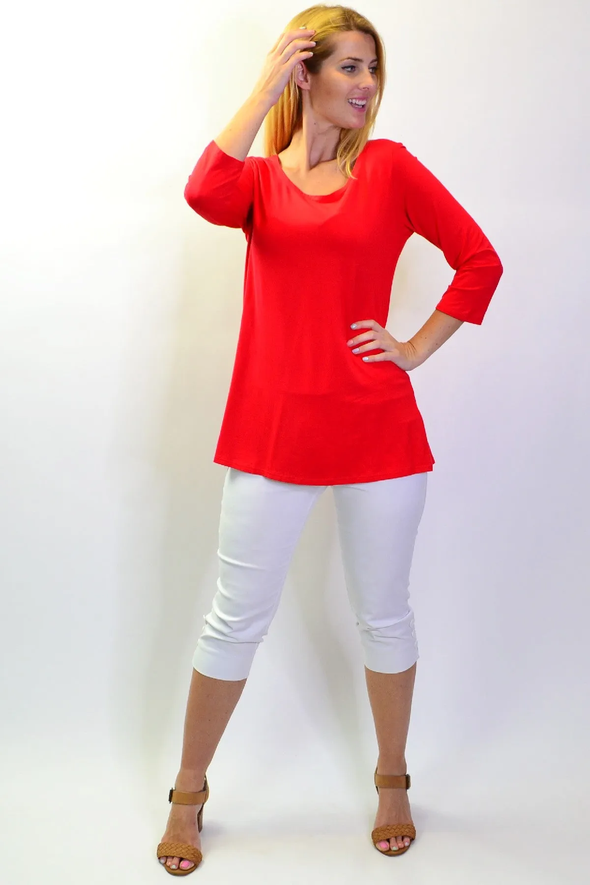 Red Basic Bamboo 3/4 Sleeve Jersey Tunic Top