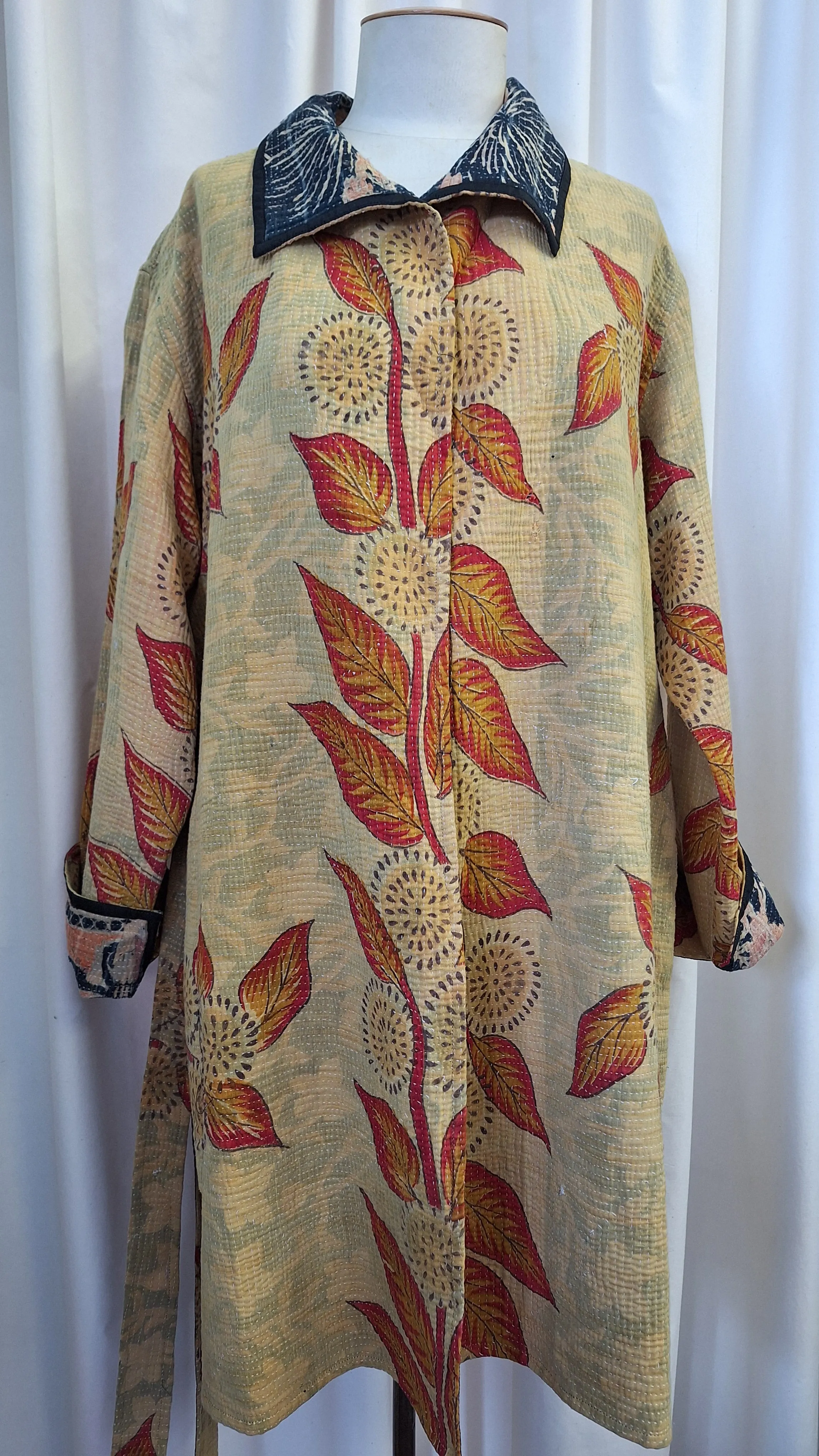 Reversible Vintage Cotton Kantha Stitched Coat - Mustard, Red or Black, Orange - B