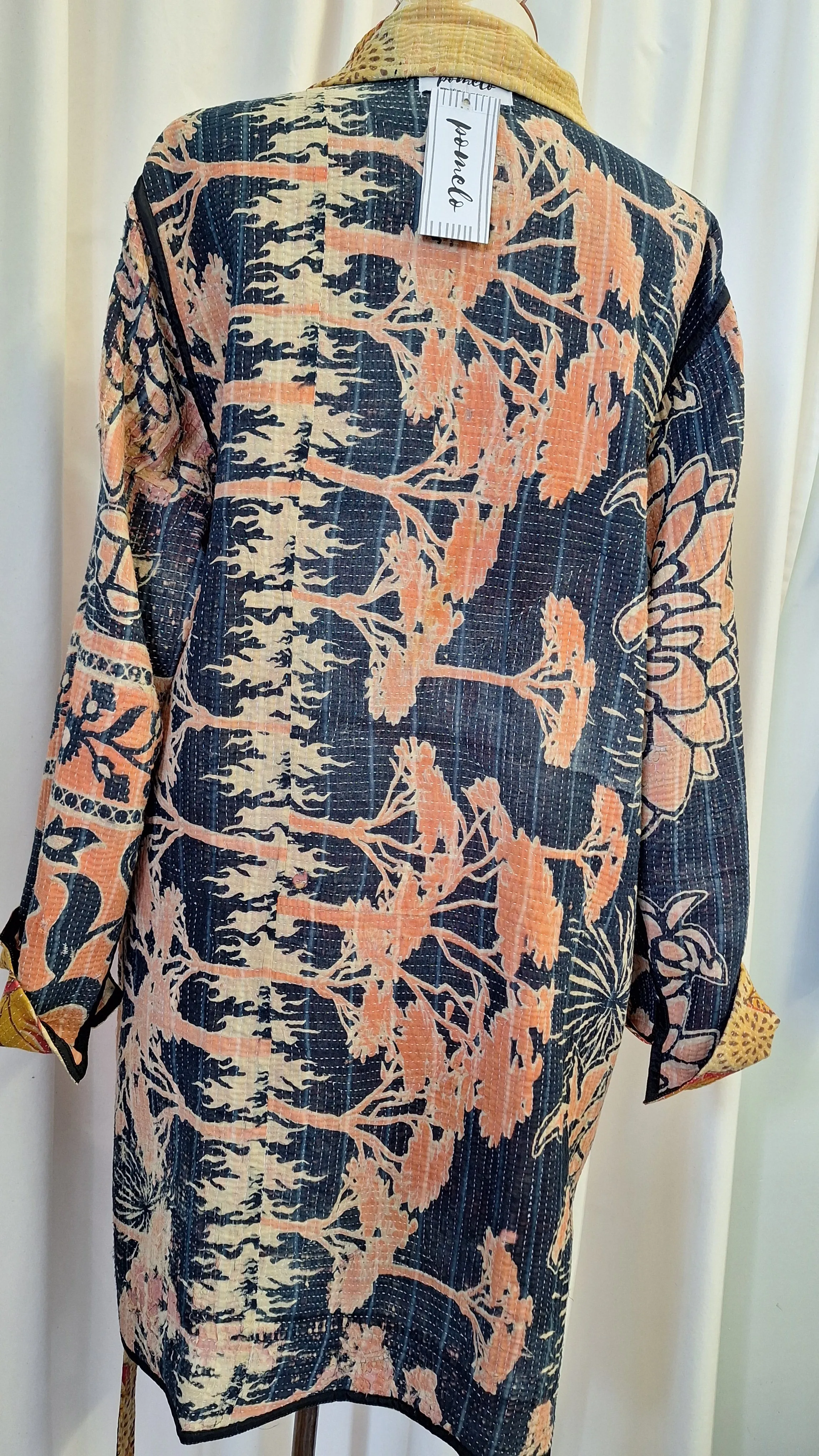 Reversible Vintage Cotton Kantha Stitched Coat - Mustard, Red or Black, Orange - B