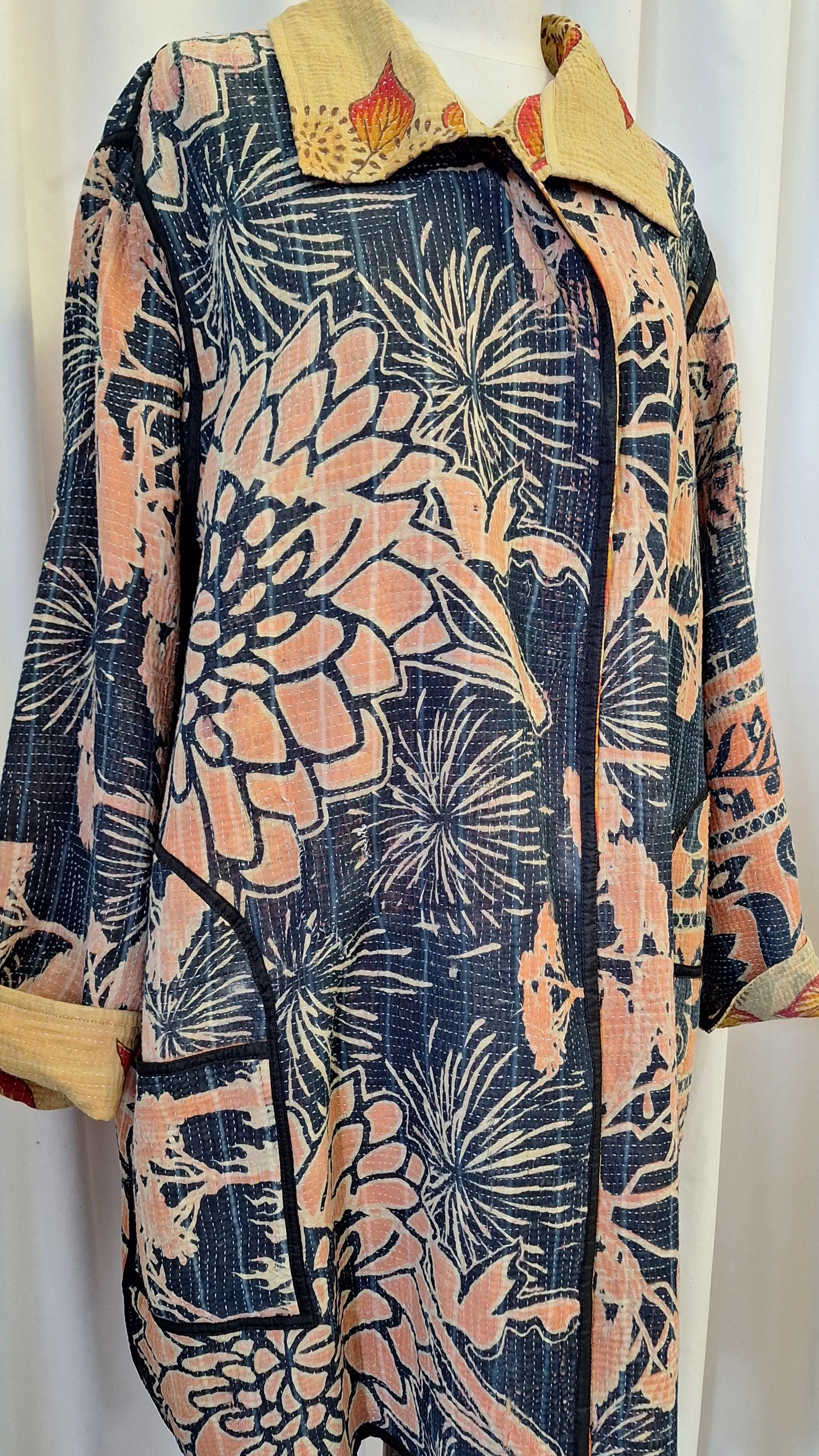 Reversible Vintage Cotton Kantha Stitched Coat - Mustard, Red or Black, Orange - B