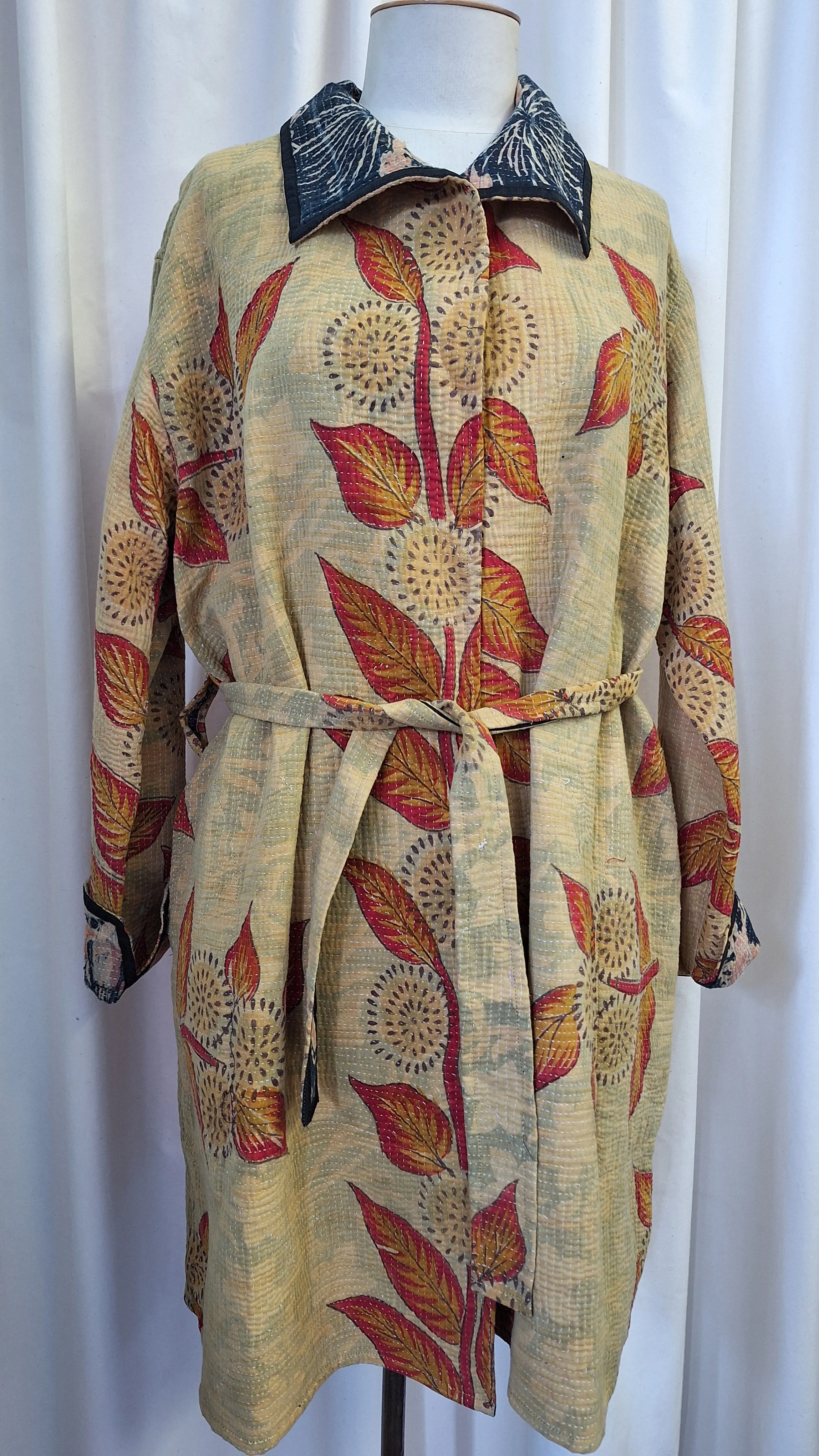 Reversible Vintage Cotton Kantha Stitched Coat - Mustard, Red or Black, Orange - B