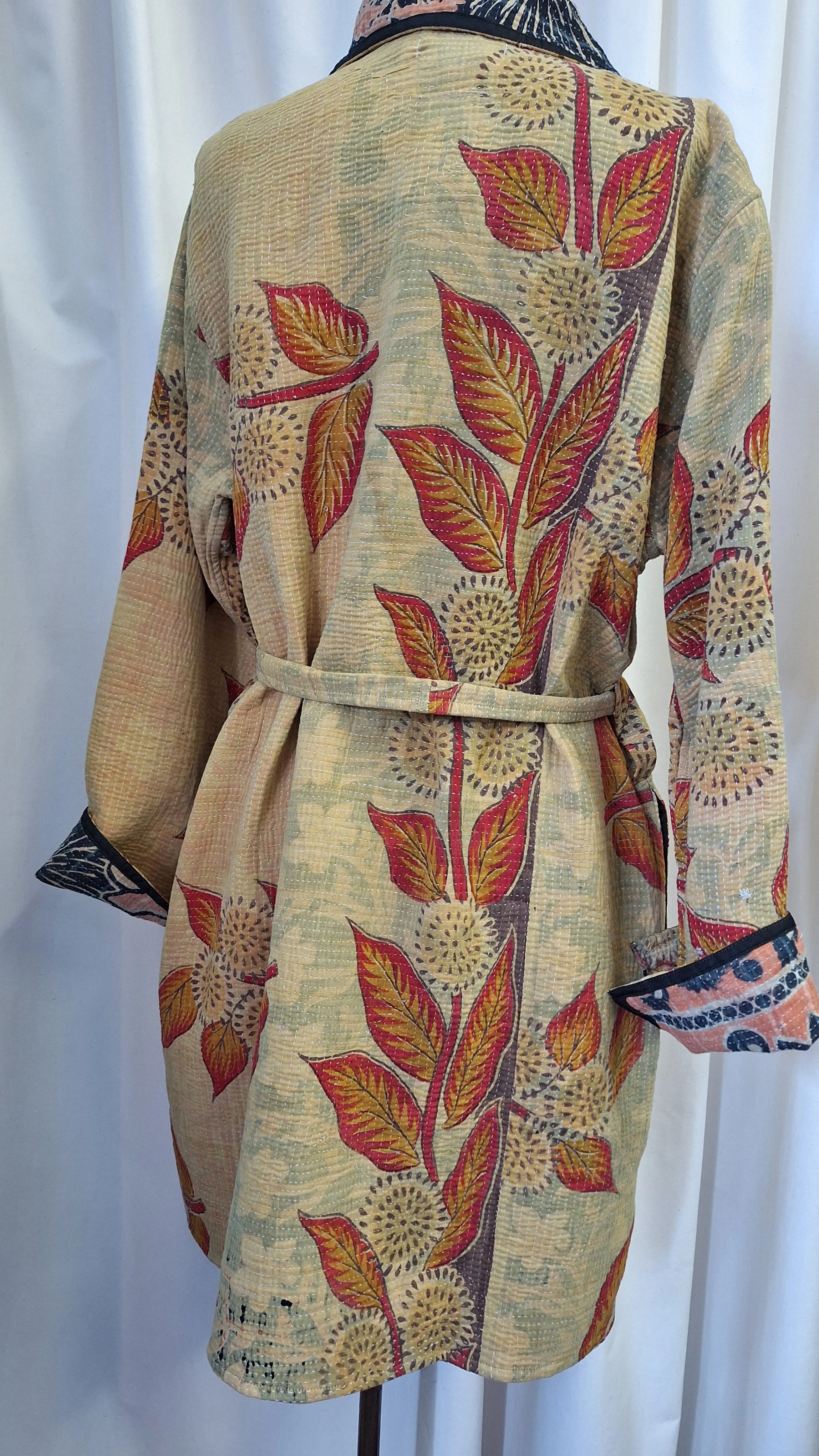 Reversible Vintage Cotton Kantha Stitched Coat - Mustard, Red or Black, Orange - B